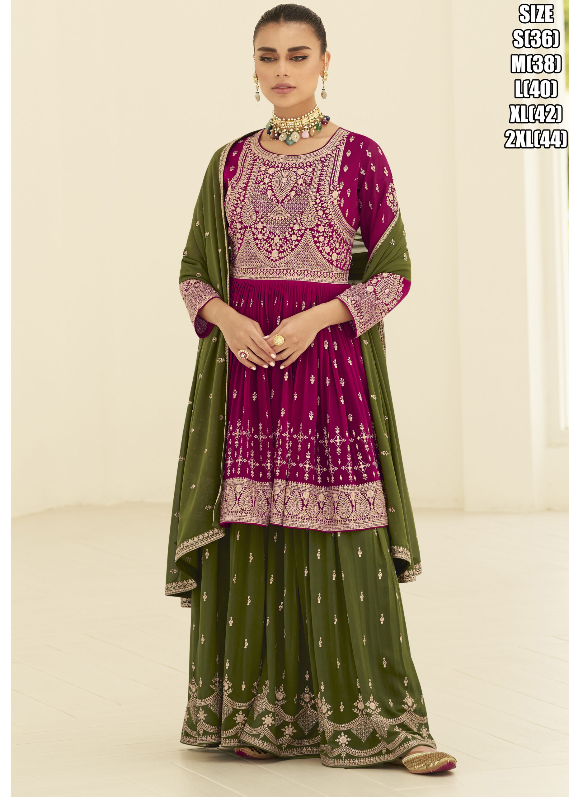 Elevate Your Eid Style With This Peplum Style Readymade Georgette Top, Palazzo, And Dupatta Set. Exquisite Embroidery In Multi-color