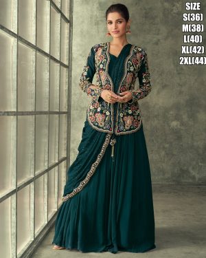 Women's Real Georgette Embrodiery Gown With Drape Dupatta | Draped Gown Dress Drape Designer Dresses Designer Drape Gowns Drape Gown With Jacket Drape Indo Western Dress Latest Drape Dresses