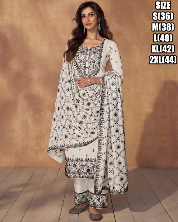 Elevate Your Occasion With Our Readymade Premium Silk Ensemble Adorned With Exquisite Embroidery Perfect For Effortless Party Glamour