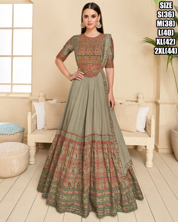 Ethnicrang Women's Real Georgette Embroidery Stitched Long Gown With Dupatta