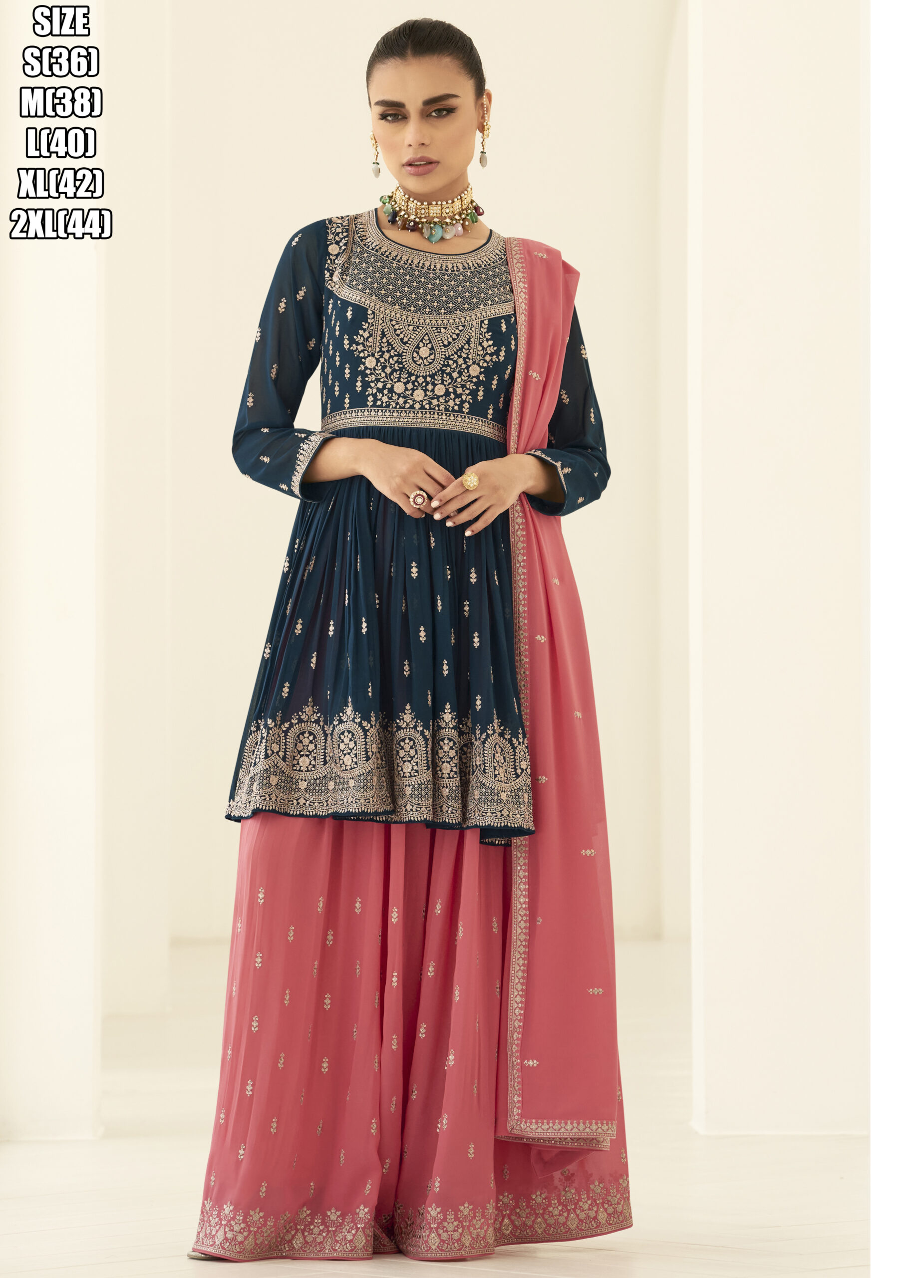 Elevate Your Eid Style With This Peplum Style Readymade Georgette Top, Palazzo, And Dupatta Set. Exquisite Embroidery In Multi-color