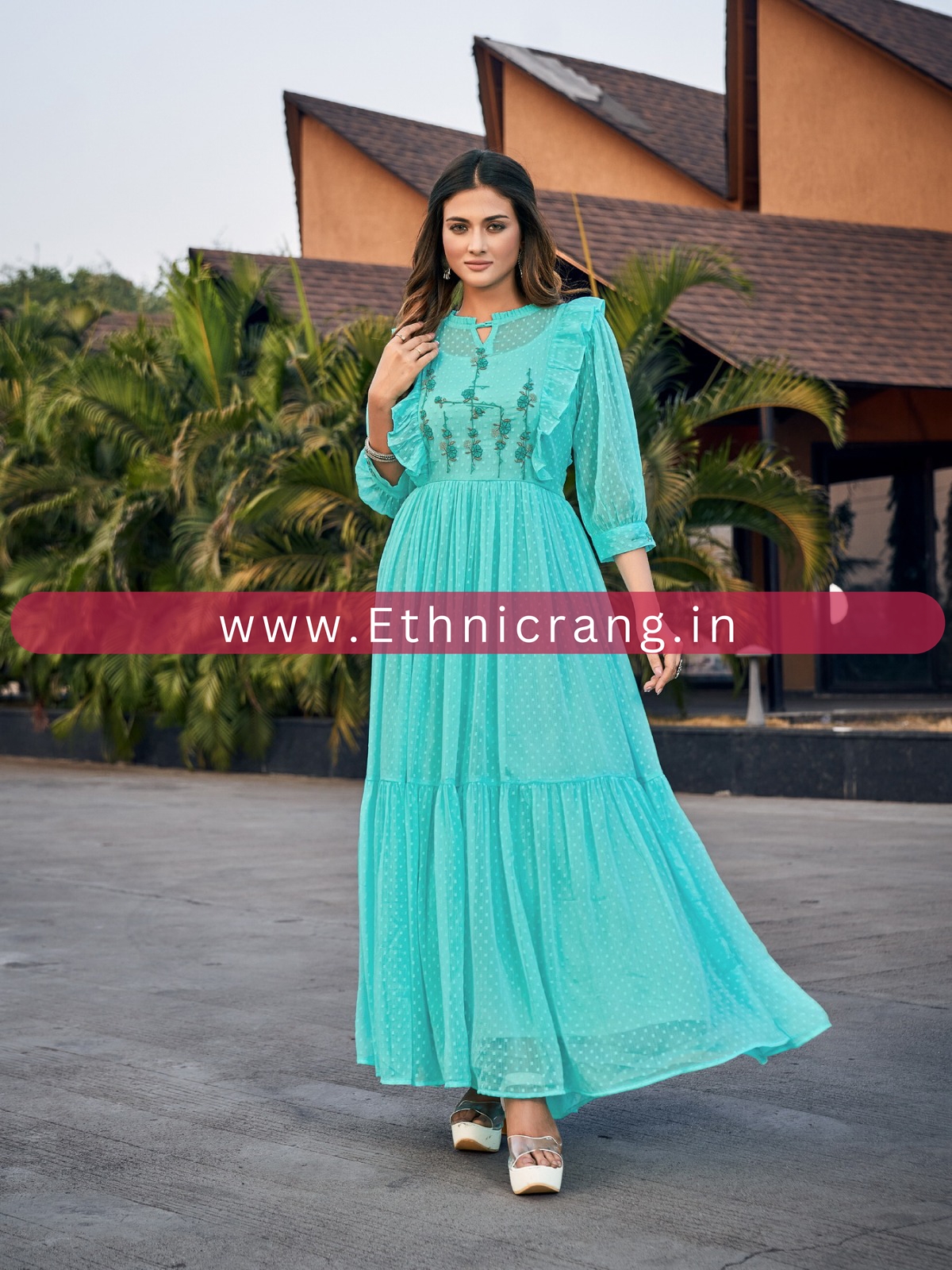 Readymade Embrodiery Chiffon Marbel Flared Gown