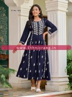 Women Embroidered Lkhnavi Rayon Flared Kurti