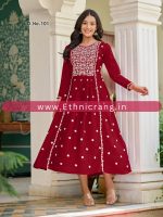 Women Embroidered Lkhnavi Rayon Flared Kurti