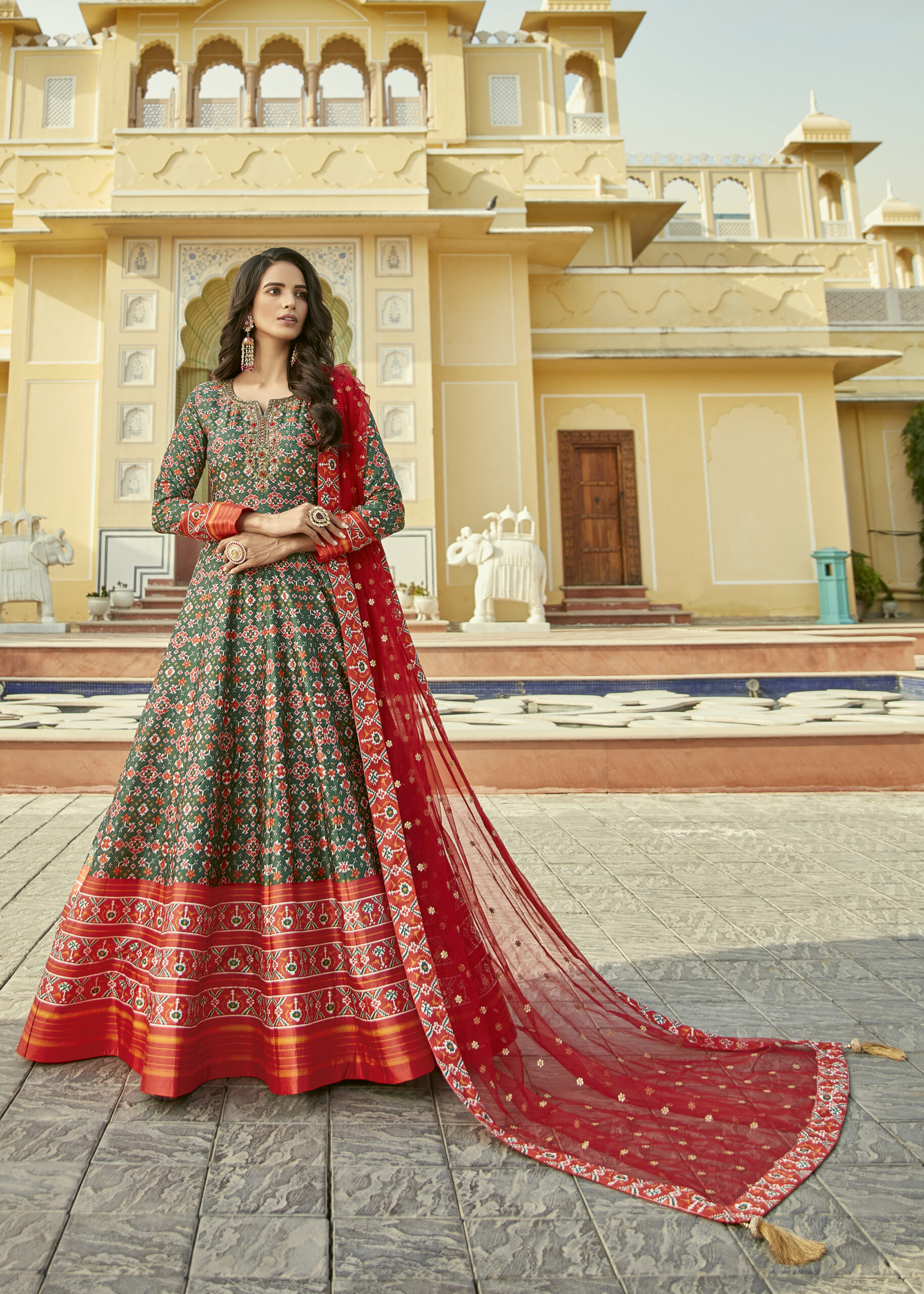 Designer Partywear Heavy Cherry Silk Stitched Gown With Dupatta