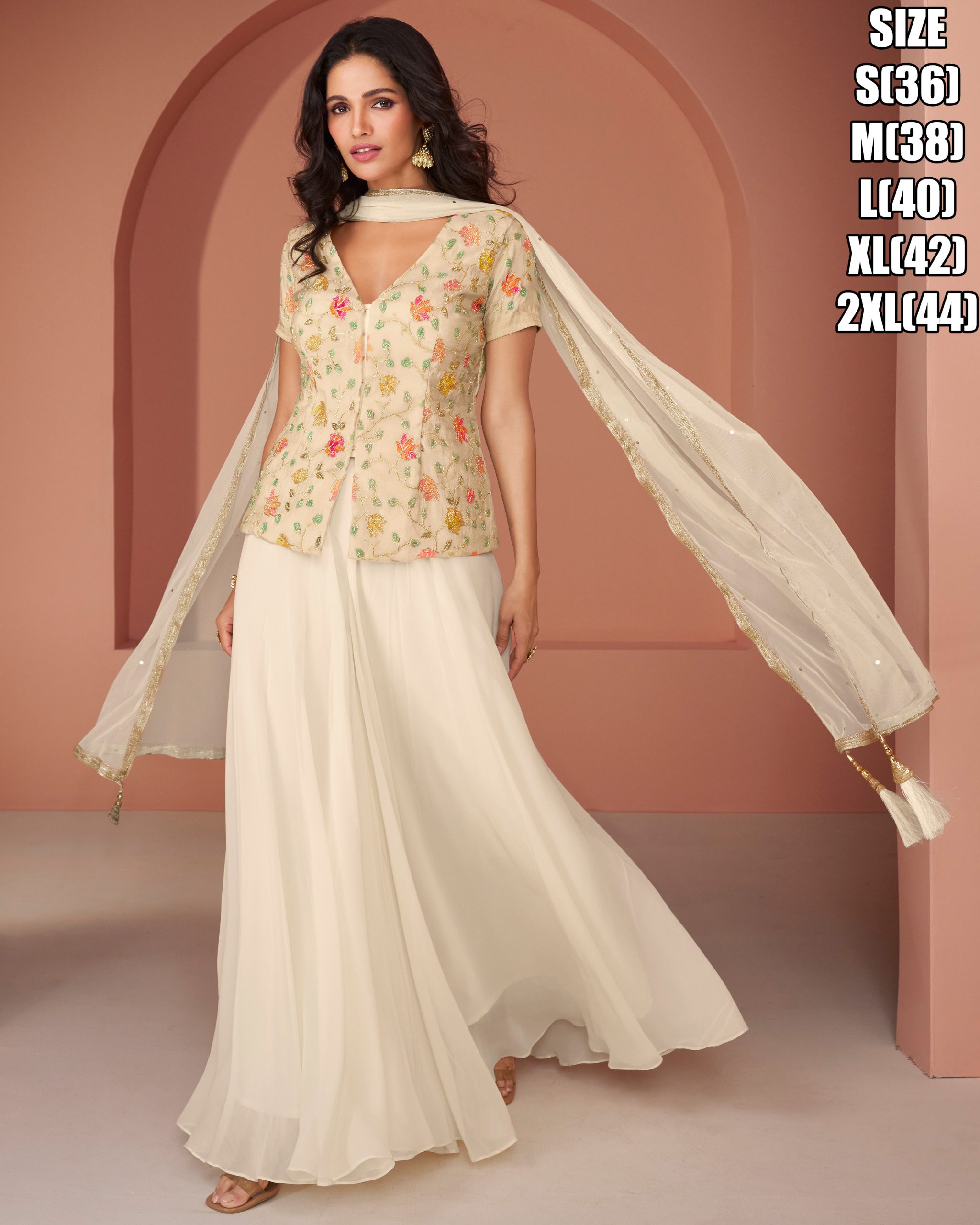 Women's Ready To Wear Real Georgette Embroidery Top With Plazzo With Dupatta