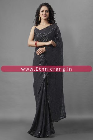Ethnicrang Women's Heavy Georgette Silk Sequence Un-Stitched Saree With Banglori Blouse