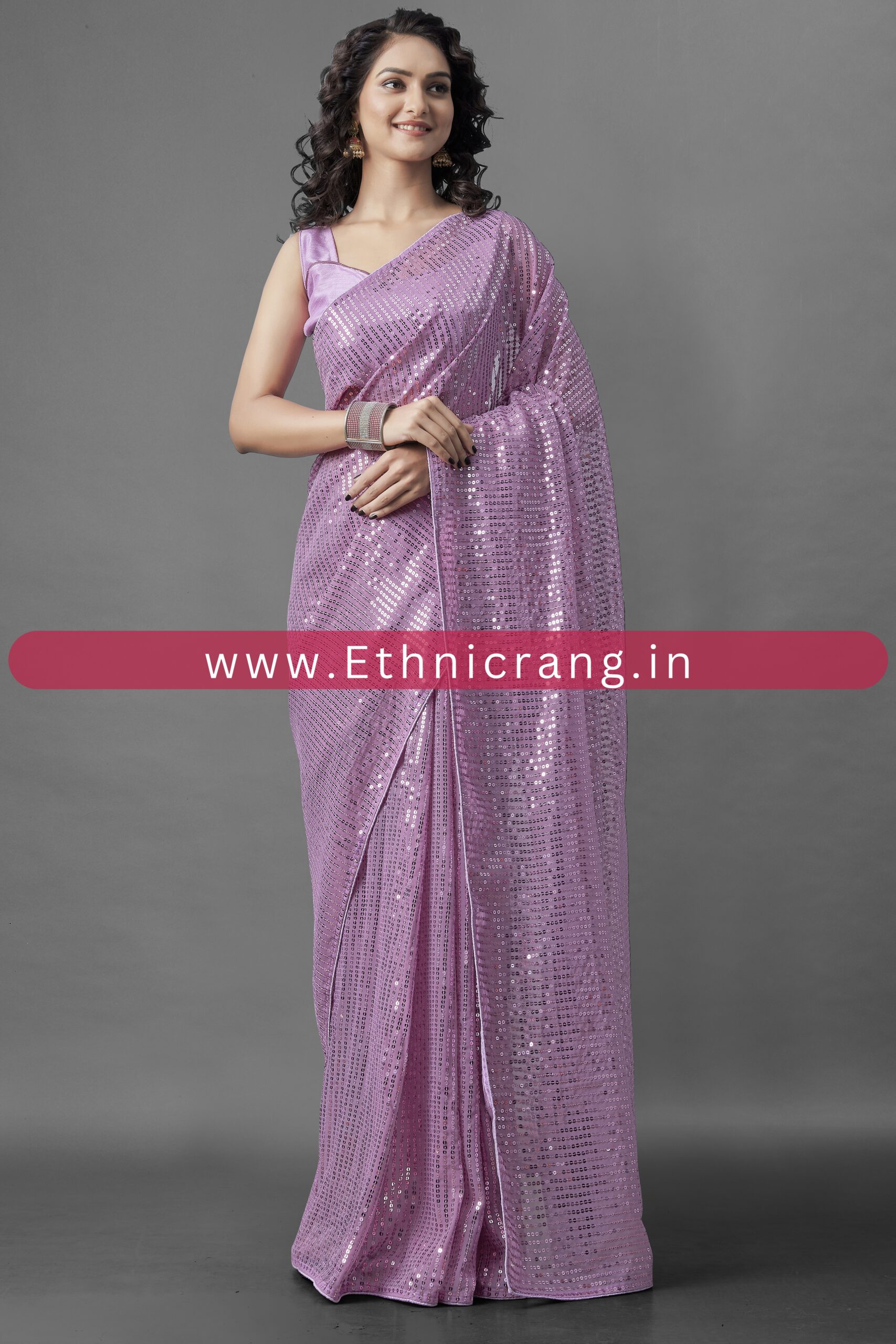 Ethnicrang Women's Heavy Georgette Silk Sequence Un-Stitched Saree With Banglori Blouse