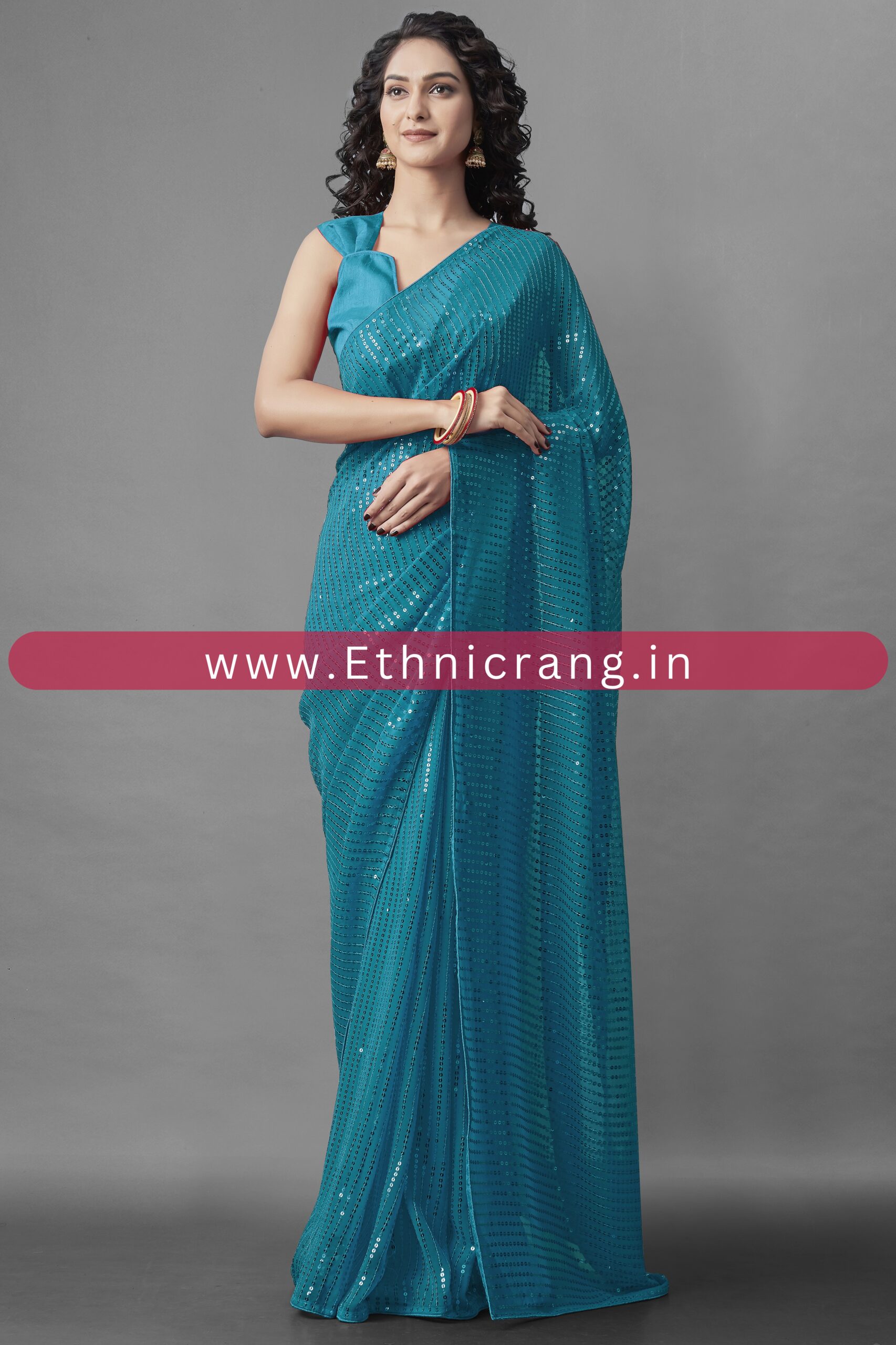 Ethnicrang Women's Heavy Georgette Silk Sequence Un-Stitched Saree With Banglori Blouse