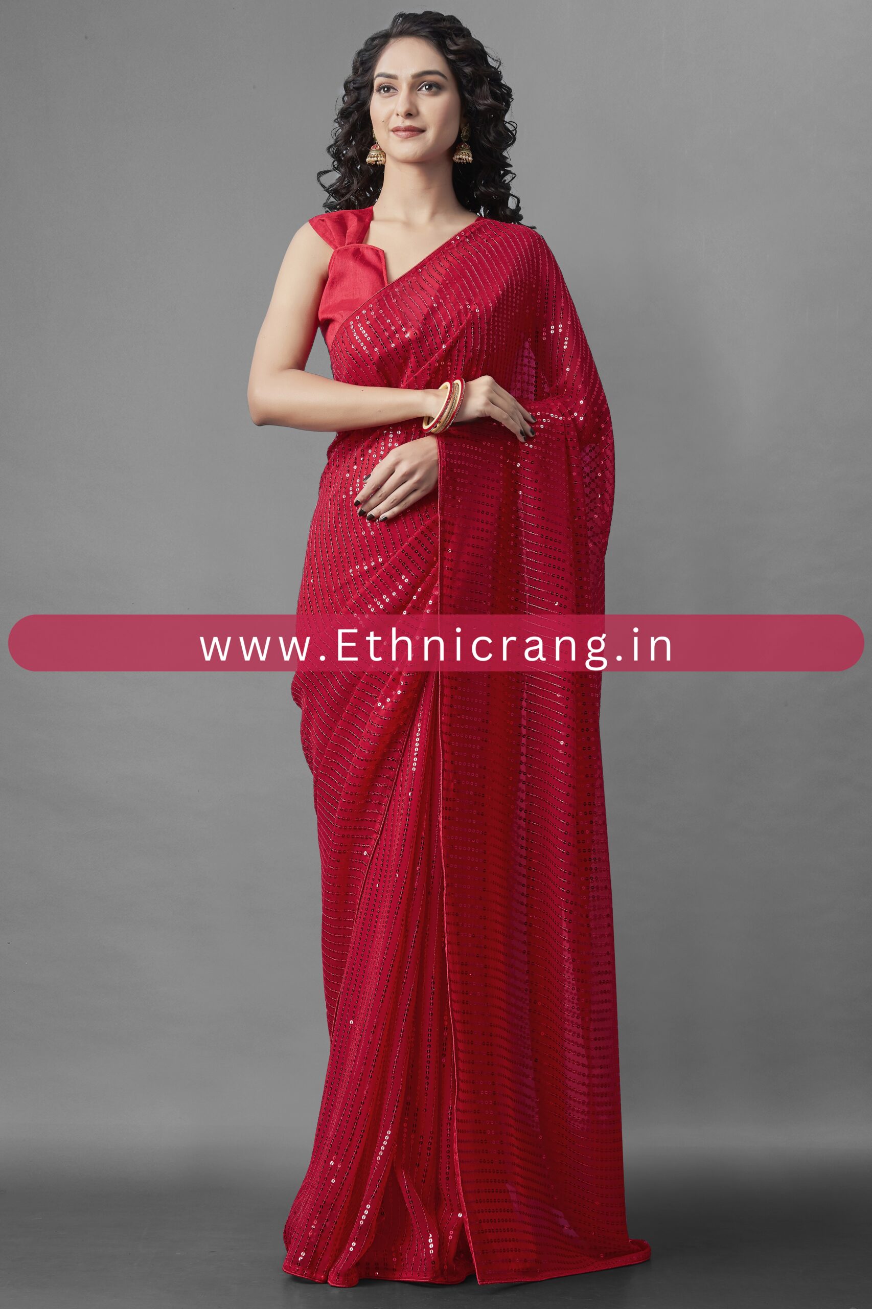 Ethnicrang Women's Heavy Georgette Silk Sequence Un-Stitched Saree With Banglori Blouse
