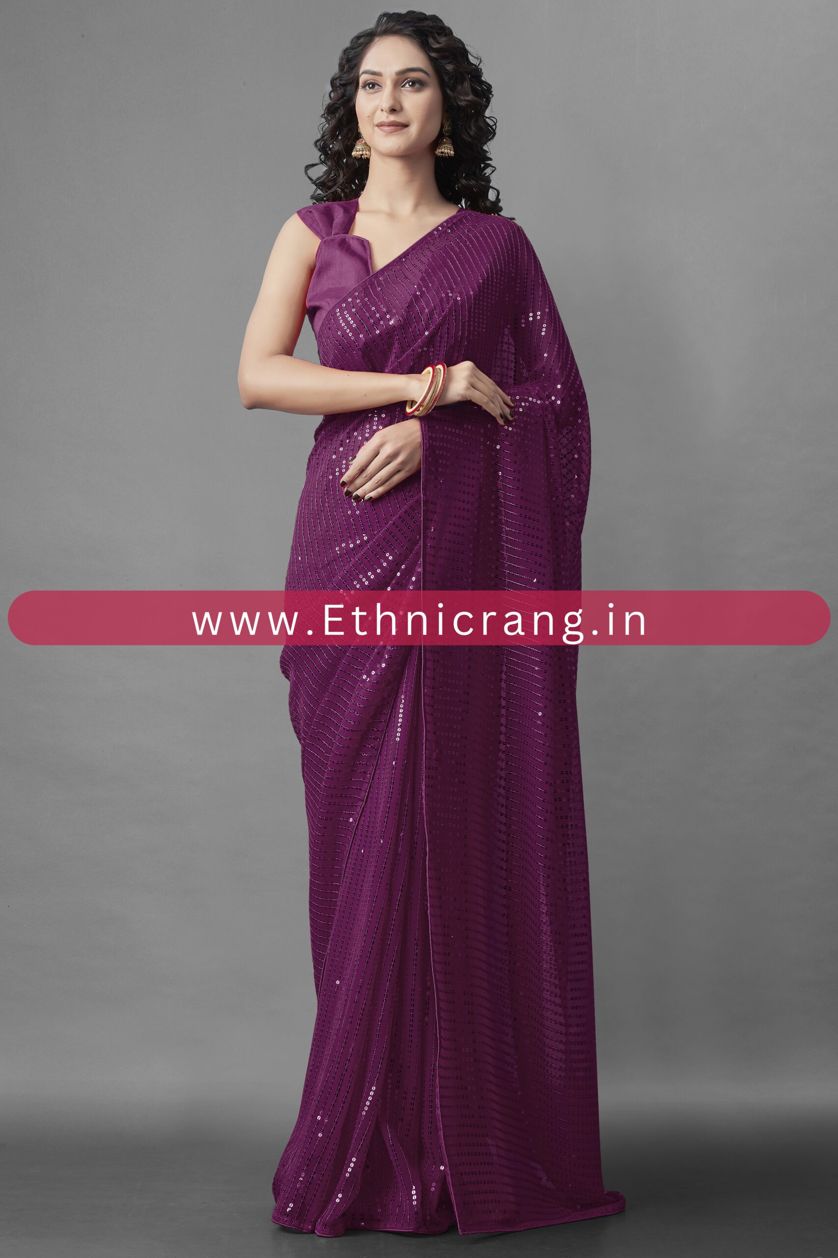 Ethnicrang Women's Heavy Georgette Silk Sequence Un-Stitched Saree With Banglori Blouse