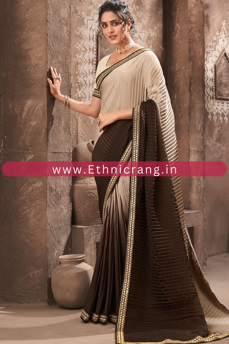 Shaded Pleated Chinon Saree With Blouse