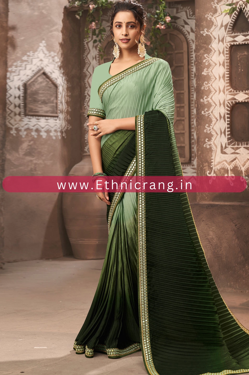 Shaded Pleated Chinon Saree With Blouse