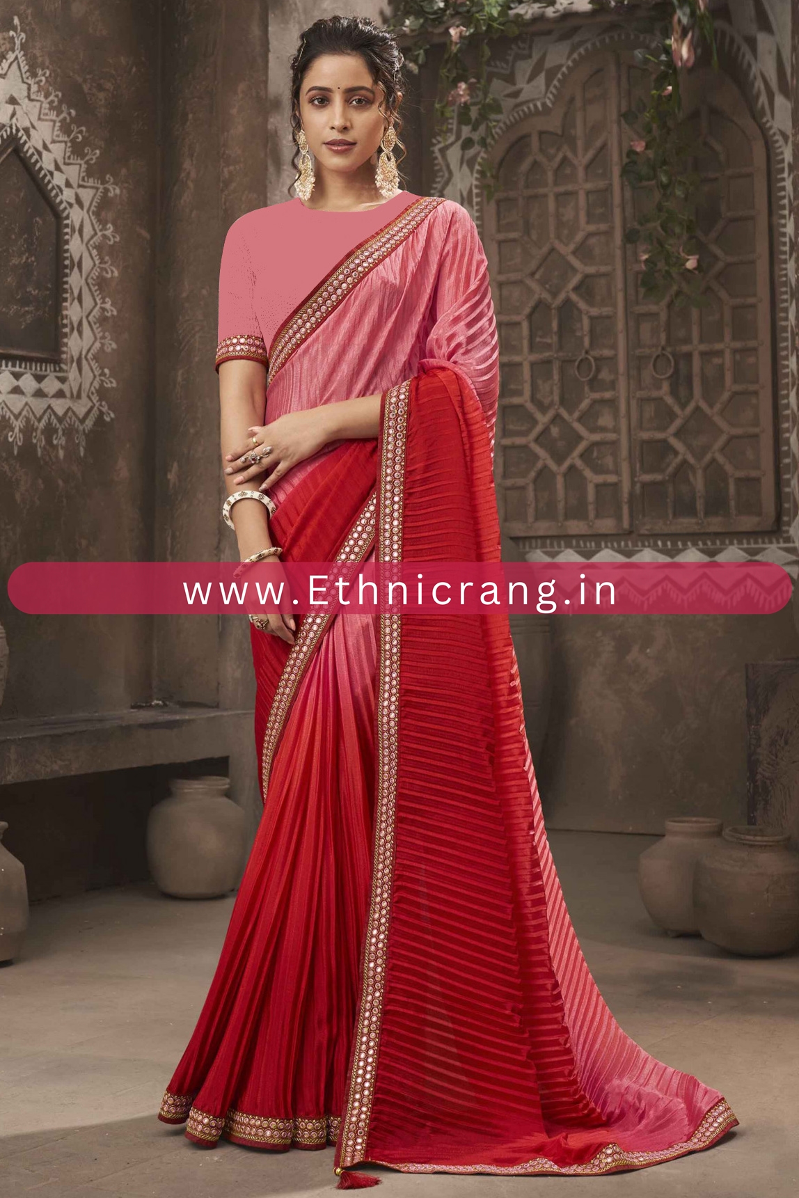 Shaded Pleated Chinon Saree With Blouse