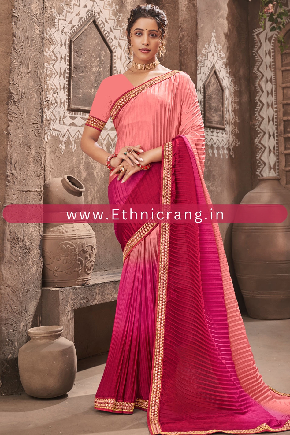 Shaded Pleated Chinon Saree With Blouse