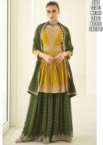 Elevate Your Eid Style With This Peplum Style Readymade Georgette Top, Palazzo, And Dupatta Set. Exquisite Embroidery In Multi-color