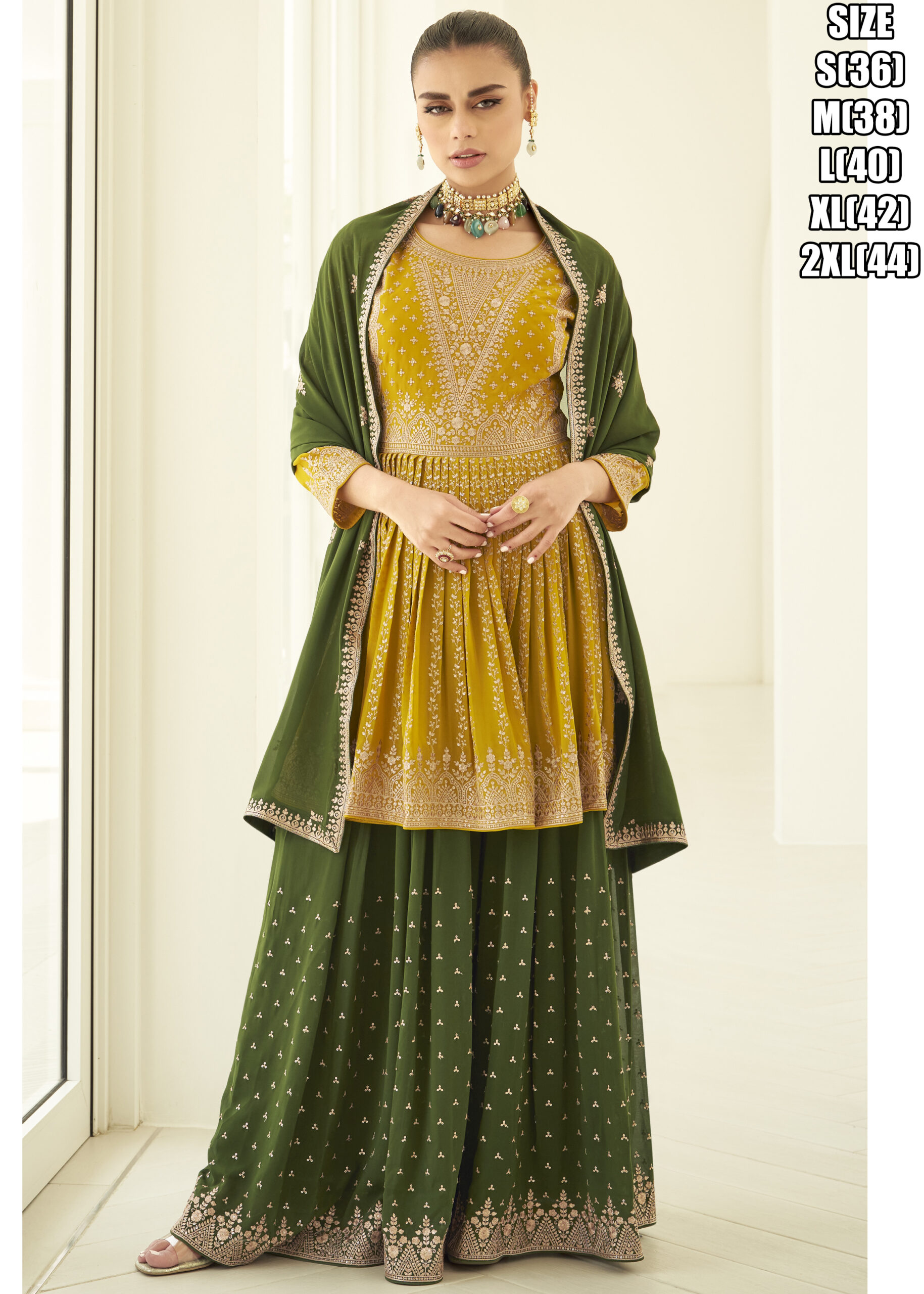 Elevate Your Eid Style With This Peplum Style Readymade Georgette Top, Palazzo, And Dupatta Set. Exquisite Embroidery In Multi-color