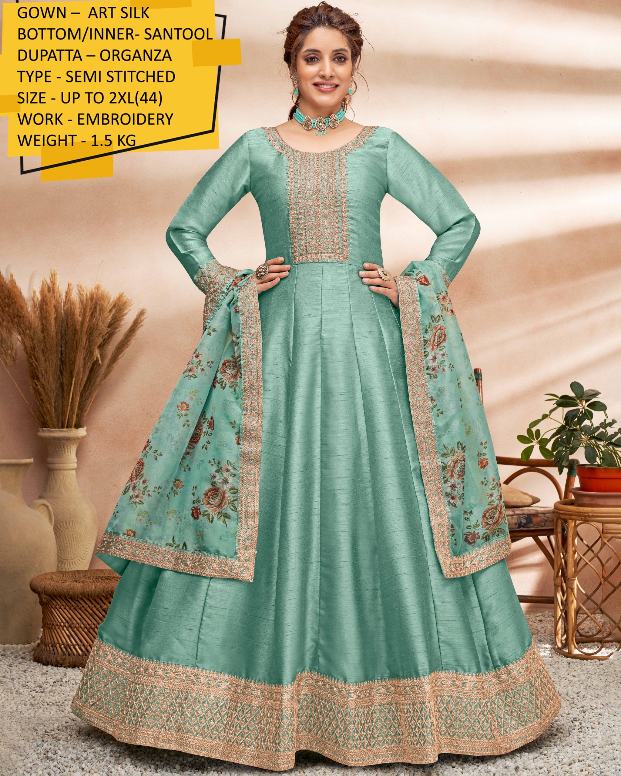 Partywear Semi Stitched Art Silk Long Gown Collection