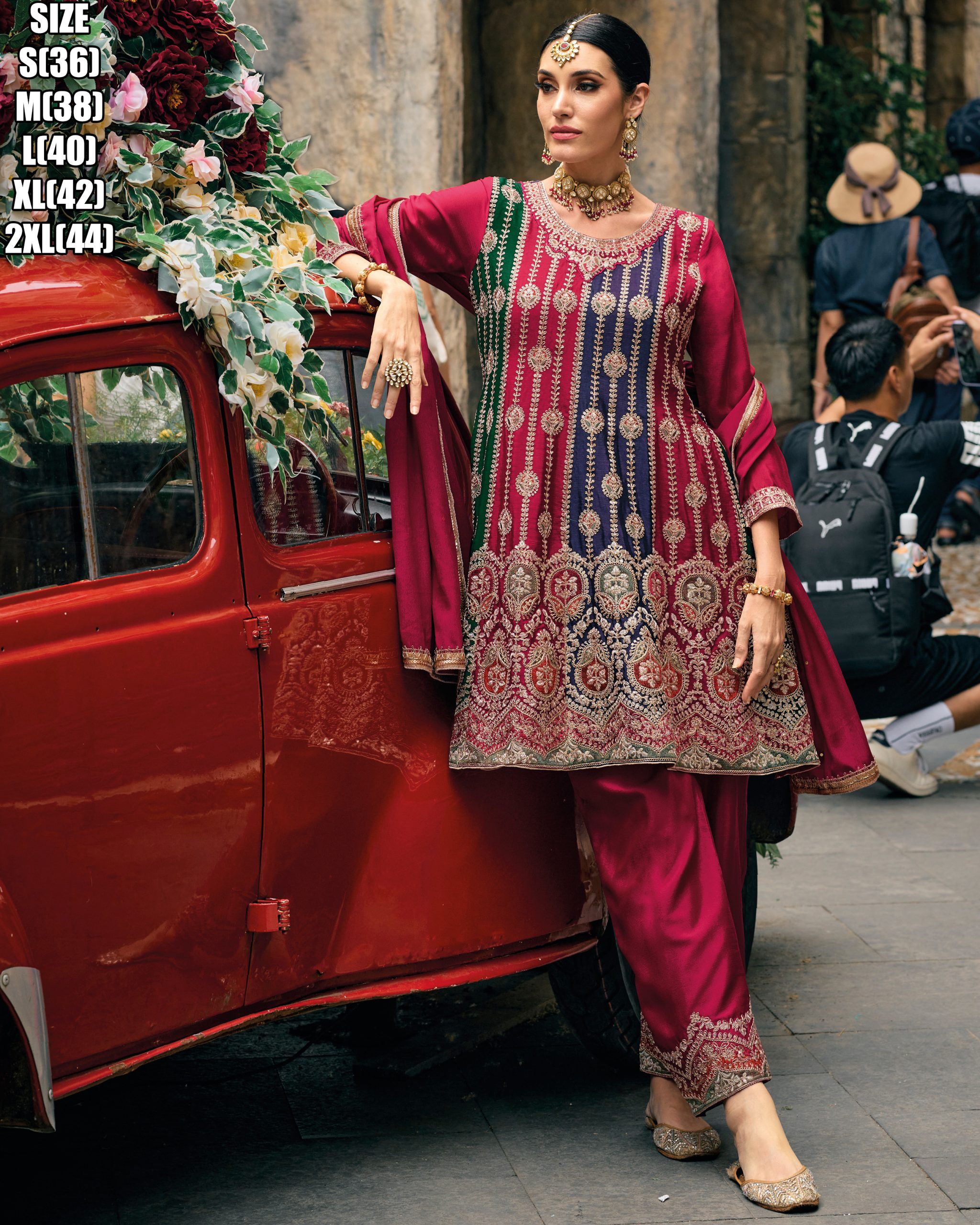 Elegant Baluming Chinon Top And Palazzo Set With Exquisite Embroidery Work Stitched Top & Free Size Palazzo