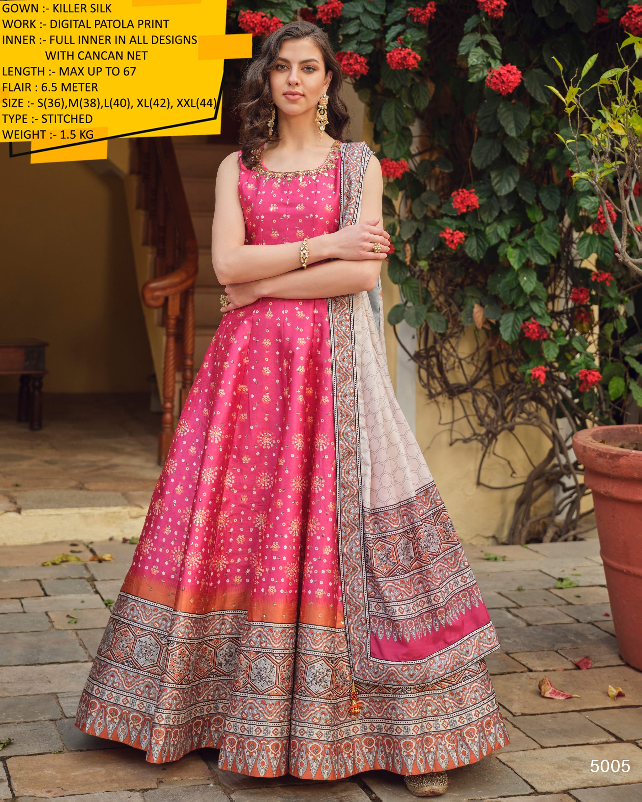 Step into Glamour Flaunt Ready-to-Wear Gown in Killer Silk Adorned with Stunning Digital Patola Print and Can-Can Net