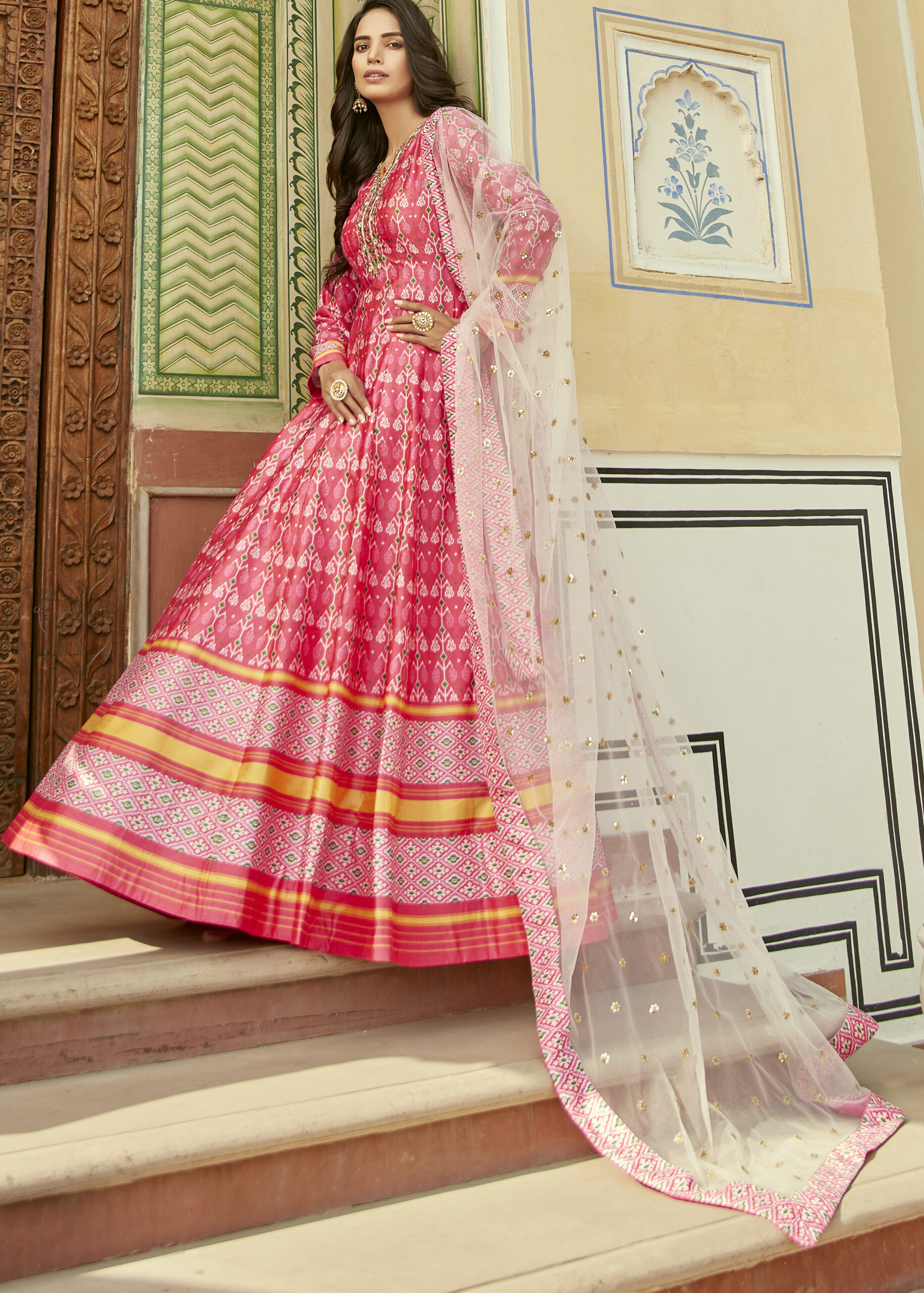 Designer Partywear Heavy Cherry Silk Stitched Gown With Dupatta