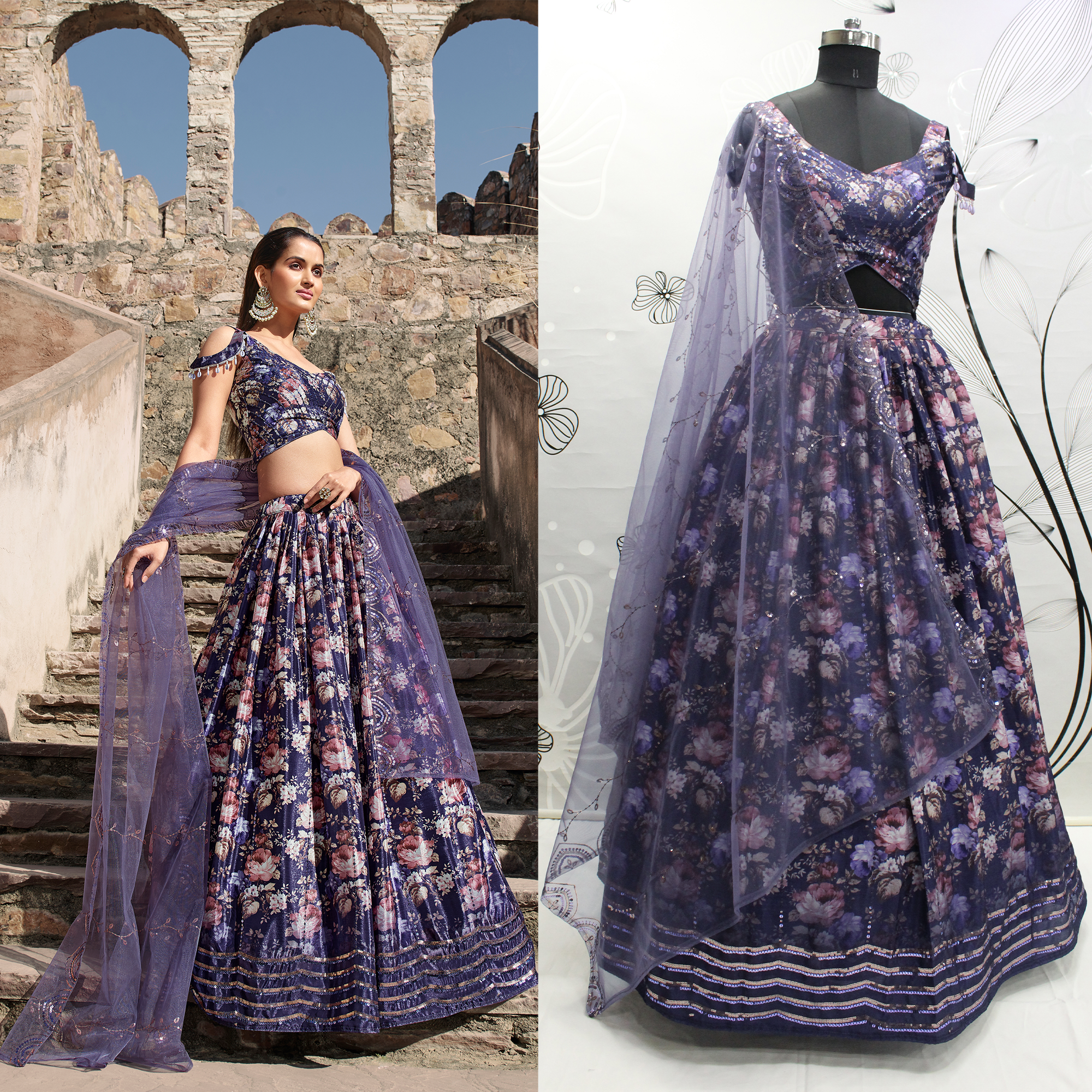 Floral Printe With Sequins Embroidered With Mirror Work Georgette Festive & Party Wear Semi Stitched Lehenga