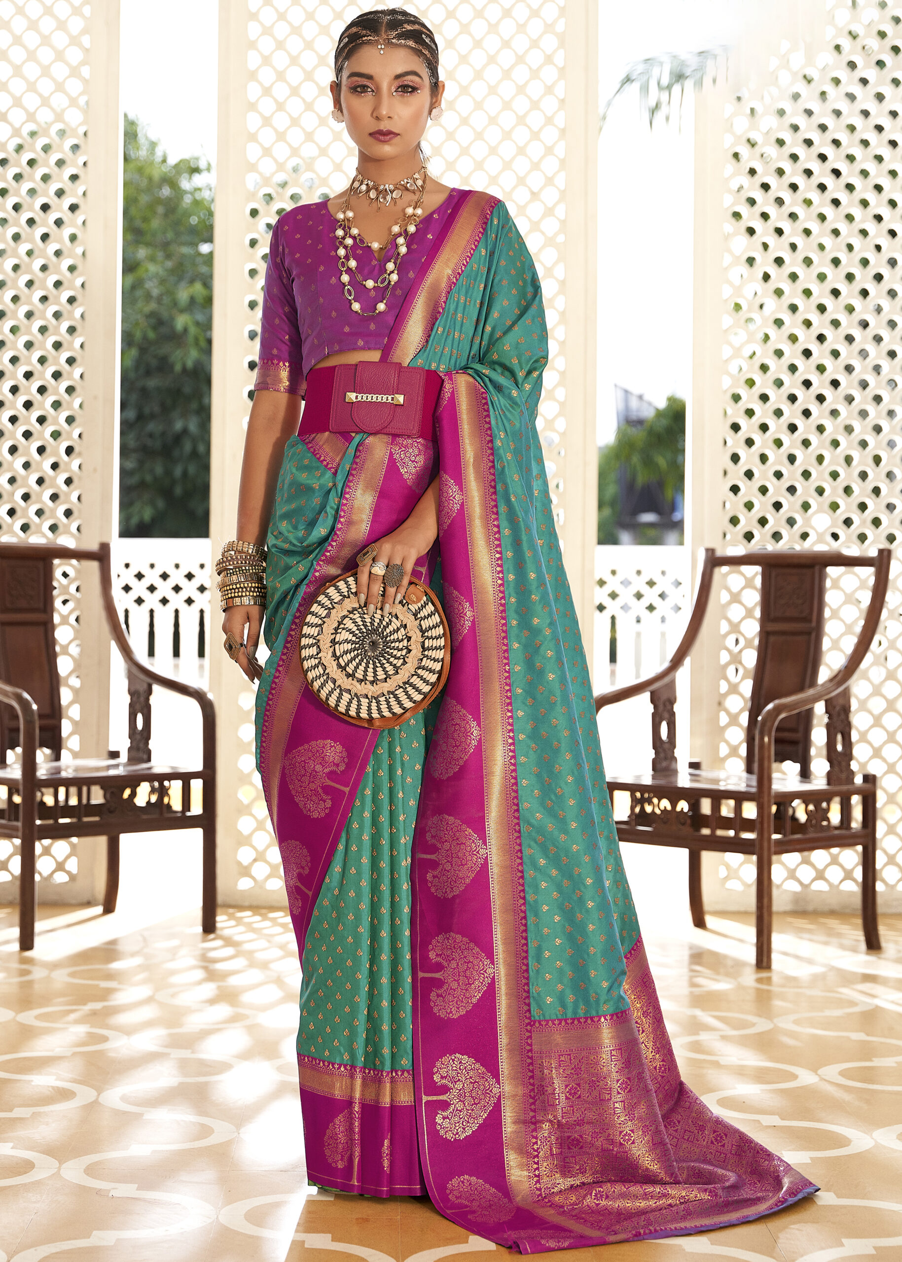 Designer Soft Banarasi Paithani With Copper Zari  Weaving Organza Unstitched Saree With Blouse