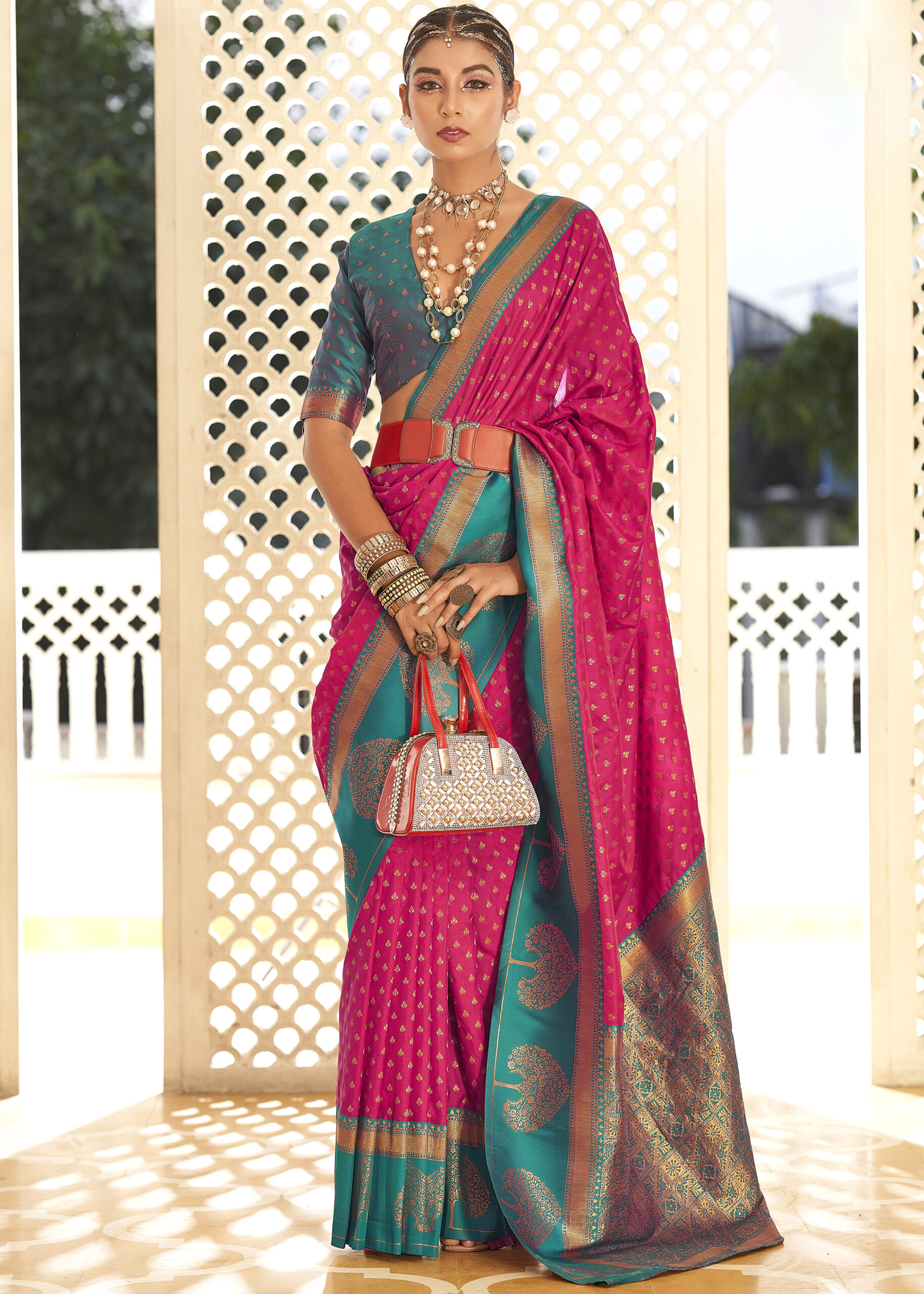 Designer Soft Banarasi Paithani With Copper Zari  Weaving Organza Unstitched Saree With Blouse