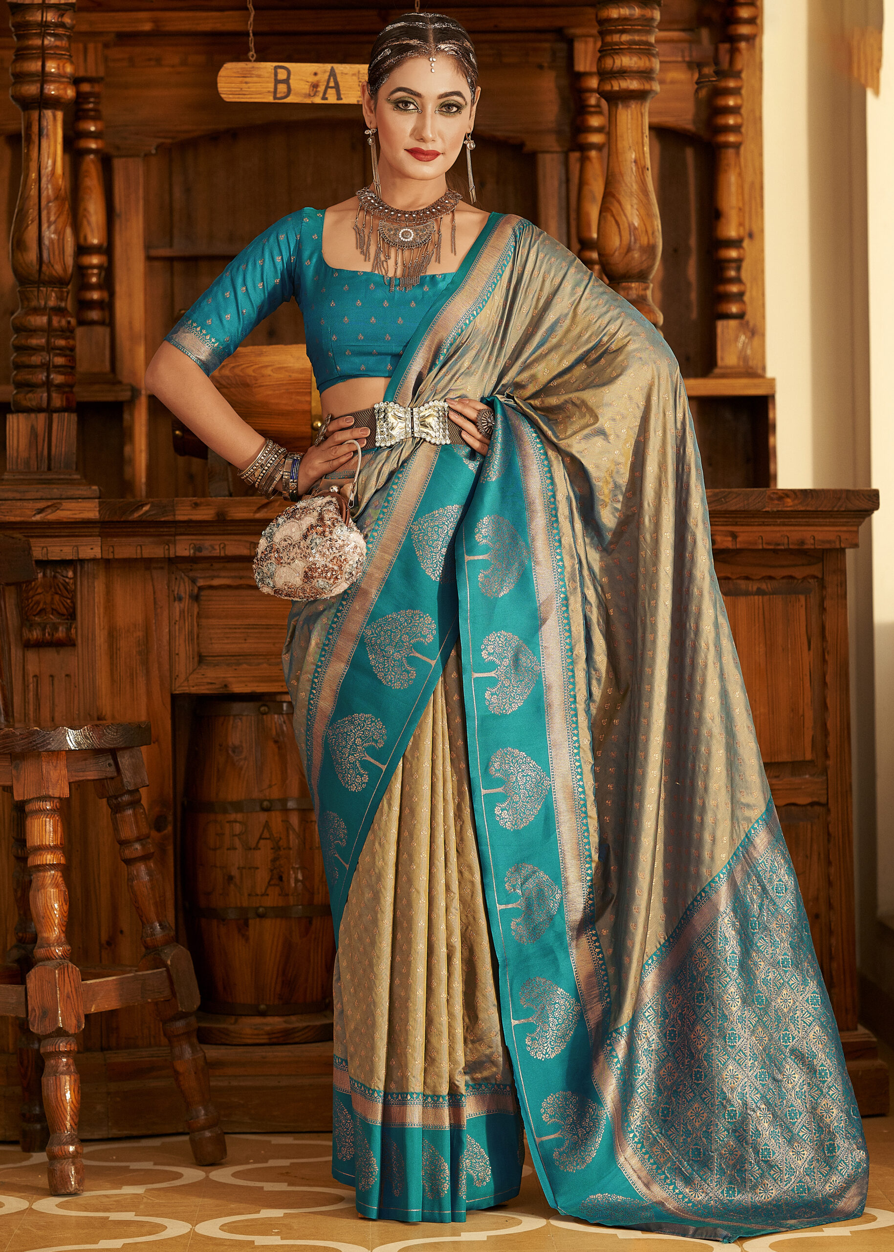 Designer Soft Banarasi Paithani With Copper Zari  Weaving Organza Unstitched Saree With Blouse