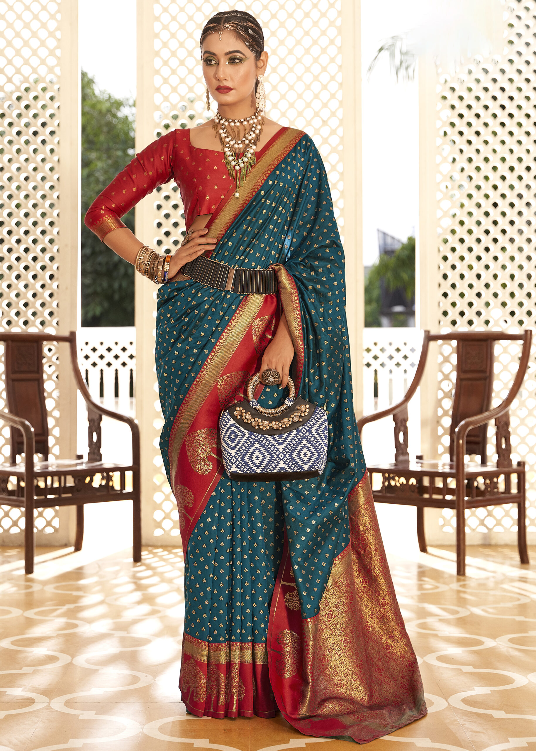 Designer Soft Banarasi Paithani With Copper Zari  Weaving Organza Unstitched Saree With Blouse