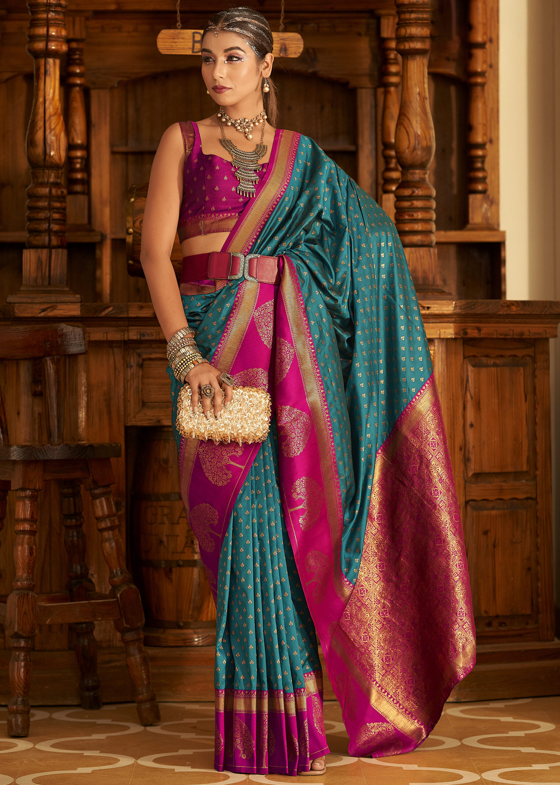 Designer Soft Banarasi Paithani With Copper Zari  Weaving Organza Unstitched Saree With Blouse
