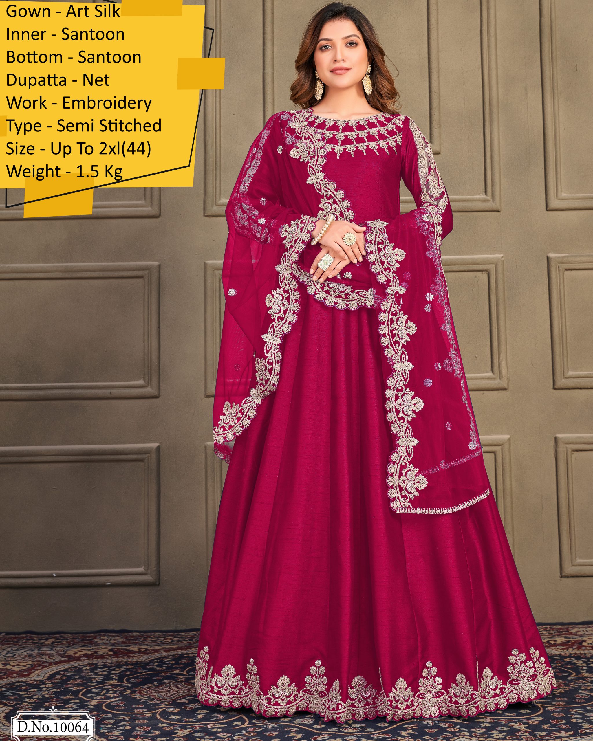 Our Semi Stitched Art Silk Heavy Embroidery Gown And Dupatta