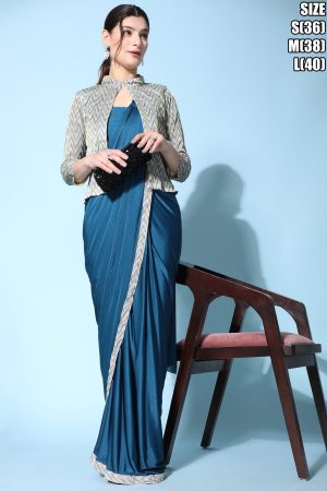 Imported Fabric Saree with Bonded Sprngle Border, Stylish Plain Blouse and Bonding Fabric Jacket - Your Perfect Fashion Trio