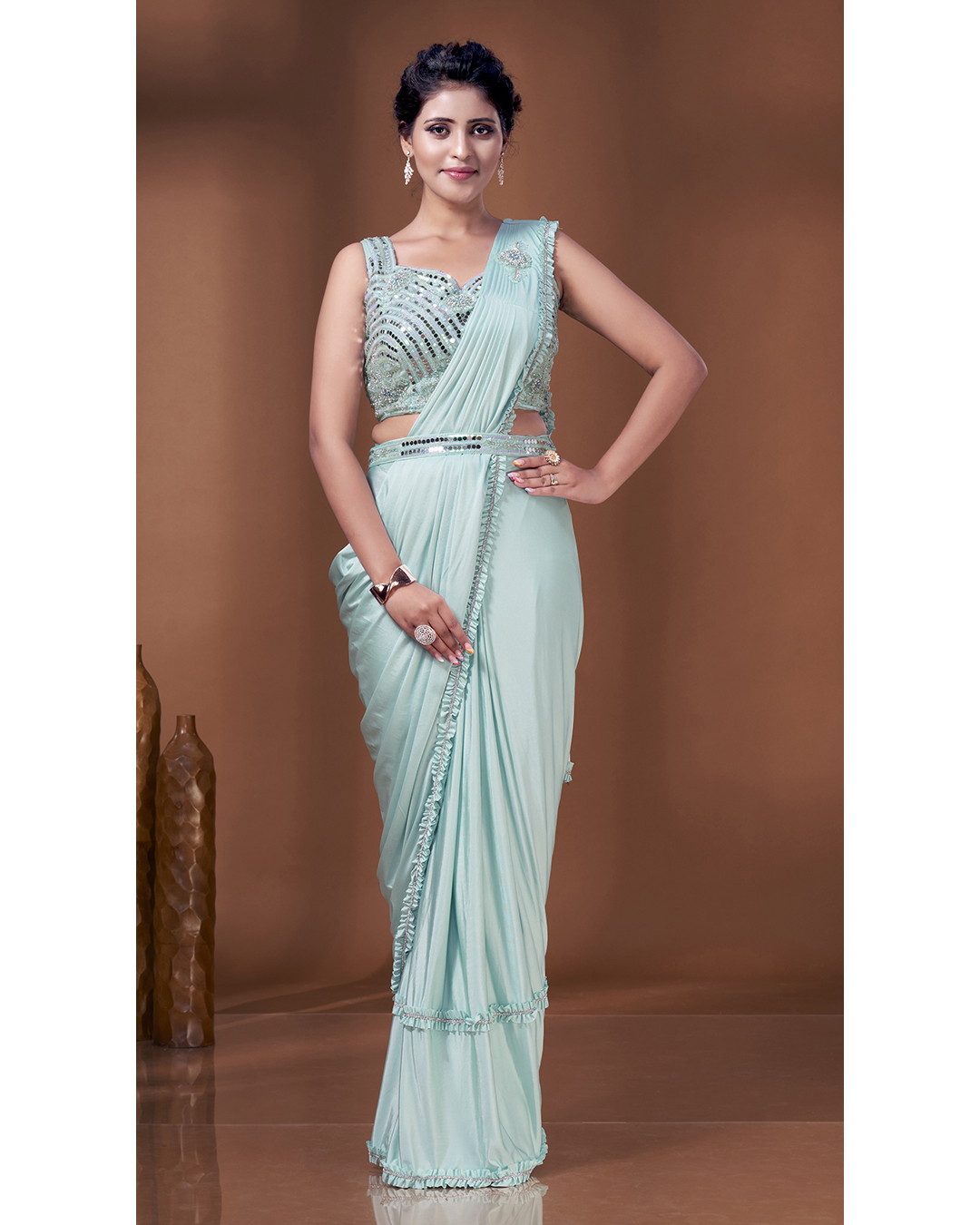 Ready To Wear Partywear Imported Lycra Saree With Stiched Blouse