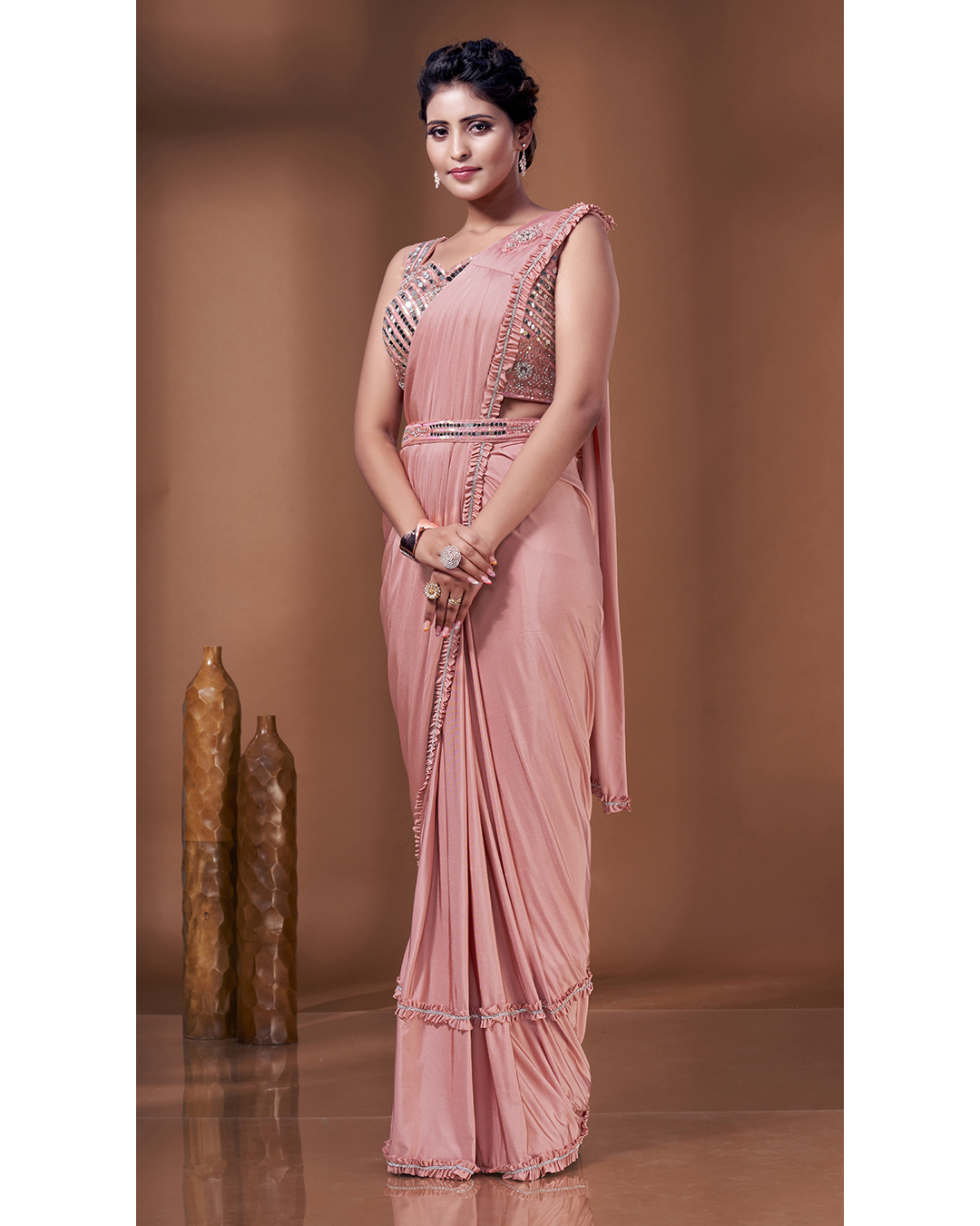 Ready To Wear Partywear Imported Lycra Saree With Stiched Blouse