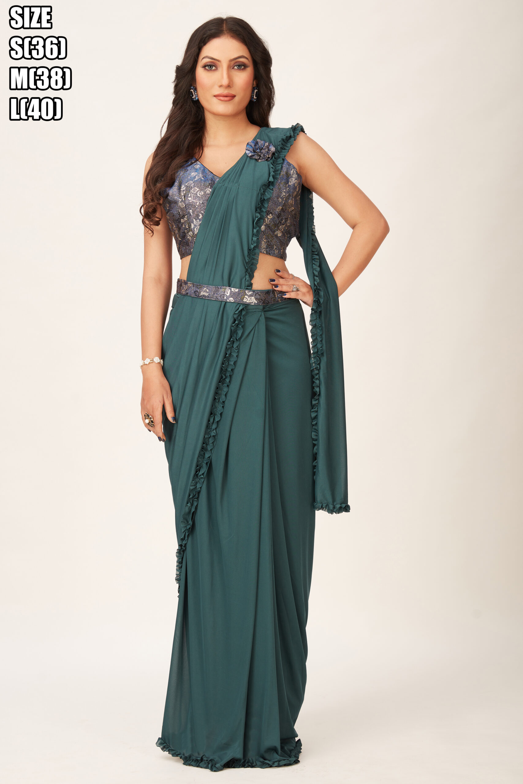 Celebrity Style Fancy Ready To Wear Saree with Readymade Blouse And Bonding Sparkle Belt