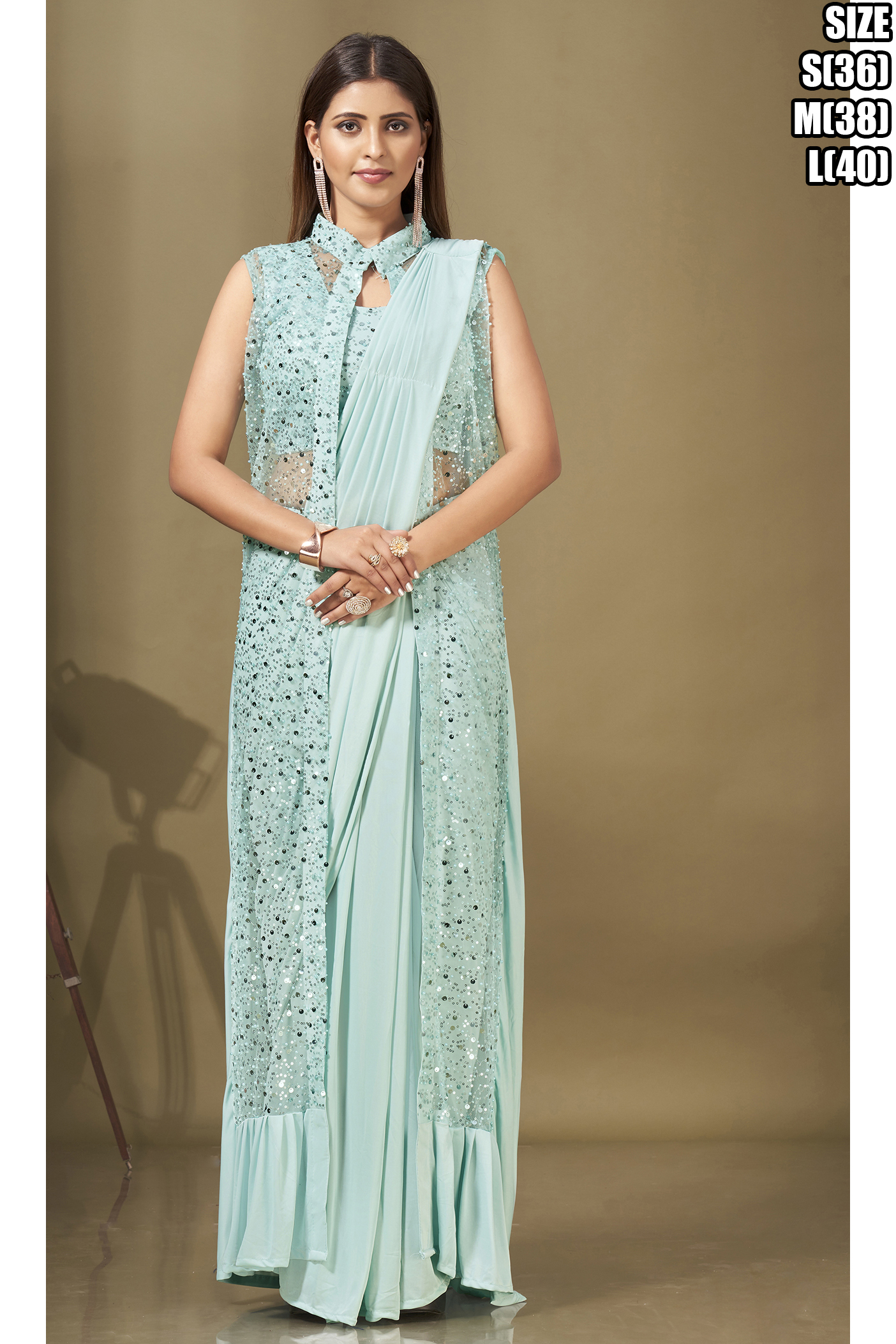 Glamour Unleashed: Imported Lycra Saree, Fancy Sequin Blouse + Parl Work, Designer Sequins Shrug - A Perfect Trifecta of Style