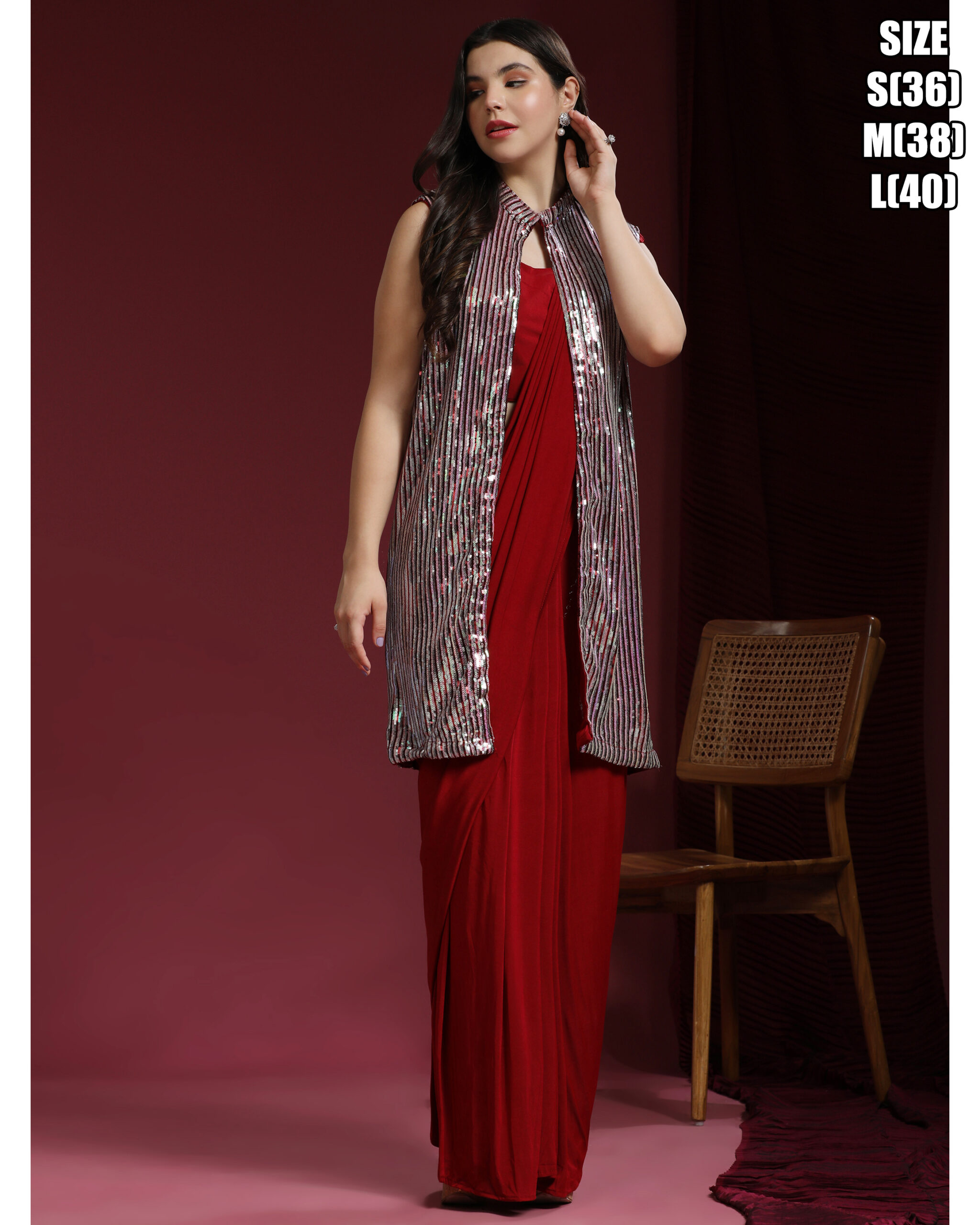 Women's Fancy Embrodiery Ready To Wear Saree With Long Shrug & Blouse