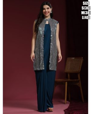 Women's Fancy Embrodiery Ready To Wear Saree With Long Shrug & Blouse