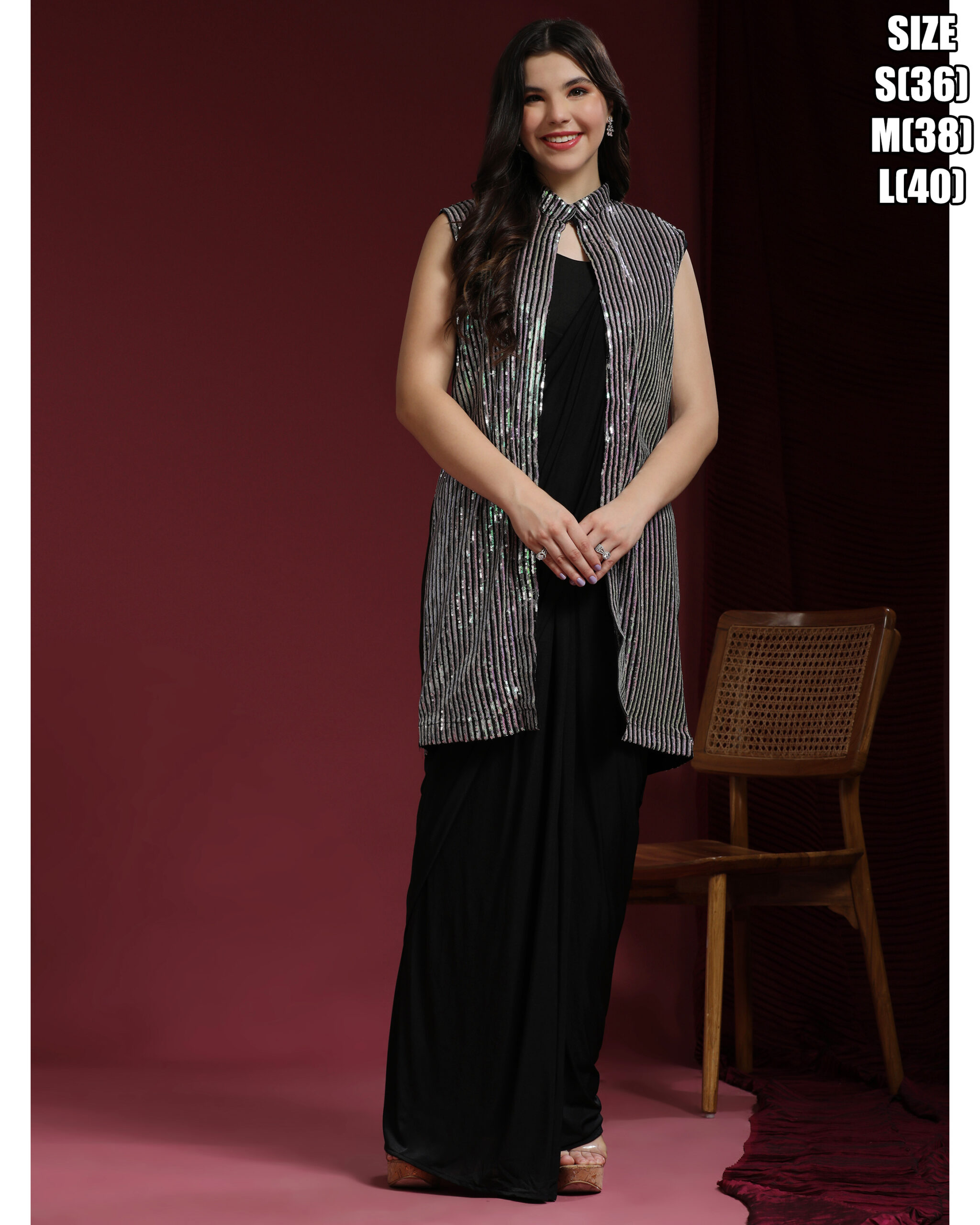 Women's Fancy Embrodiery Ready To Wear Saree With Long Shrug & Blouse