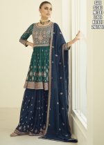 Elevate Your Eid Style With This Peplum Style Readymade Georgette Top, Palazzo, And Dupatta Set. Exquisite Embroidery In Multi-color