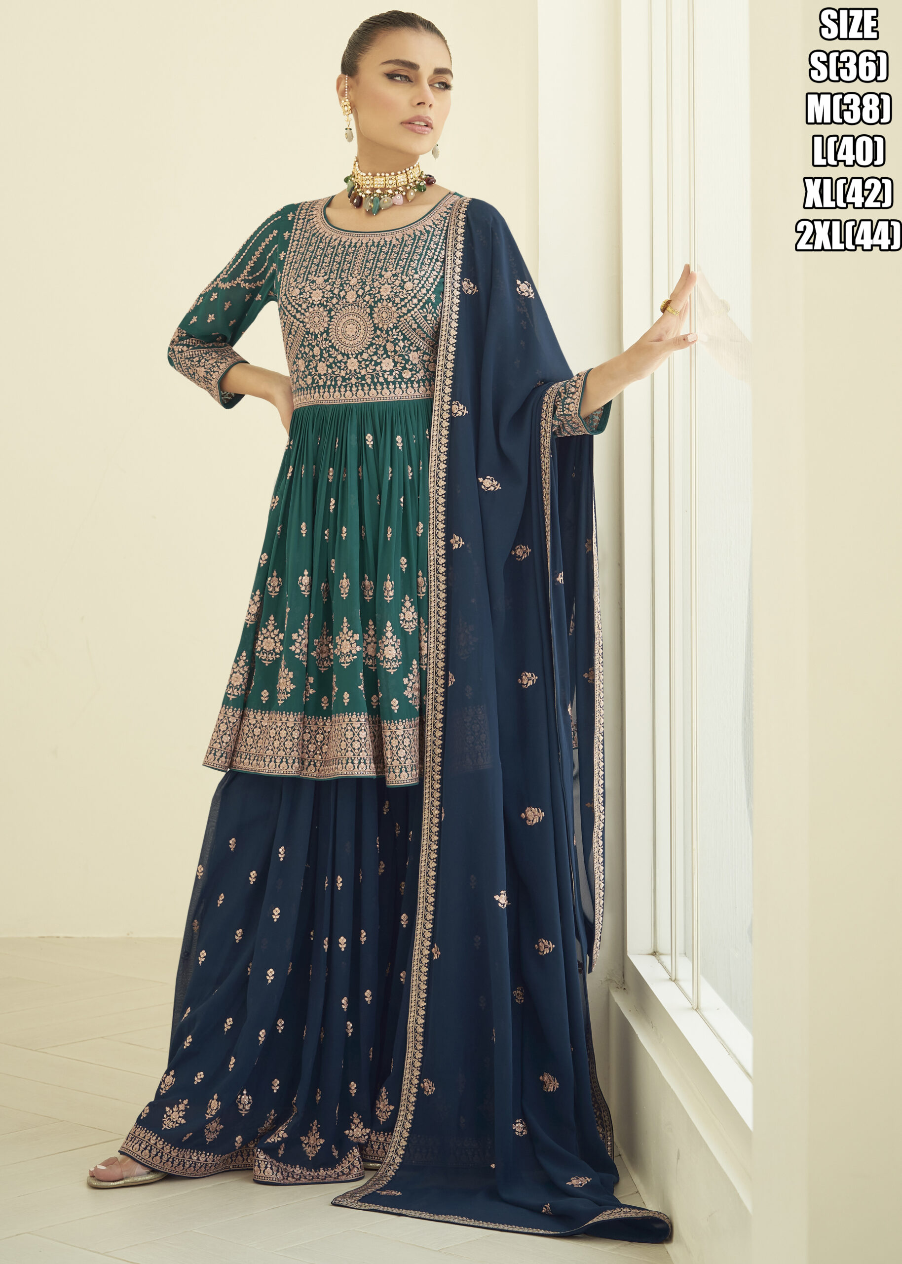 Elevate Your Eid Style With This Peplum Style Readymade Georgette Top, Palazzo, And Dupatta Set. Exquisite Embroidery In Multi-color