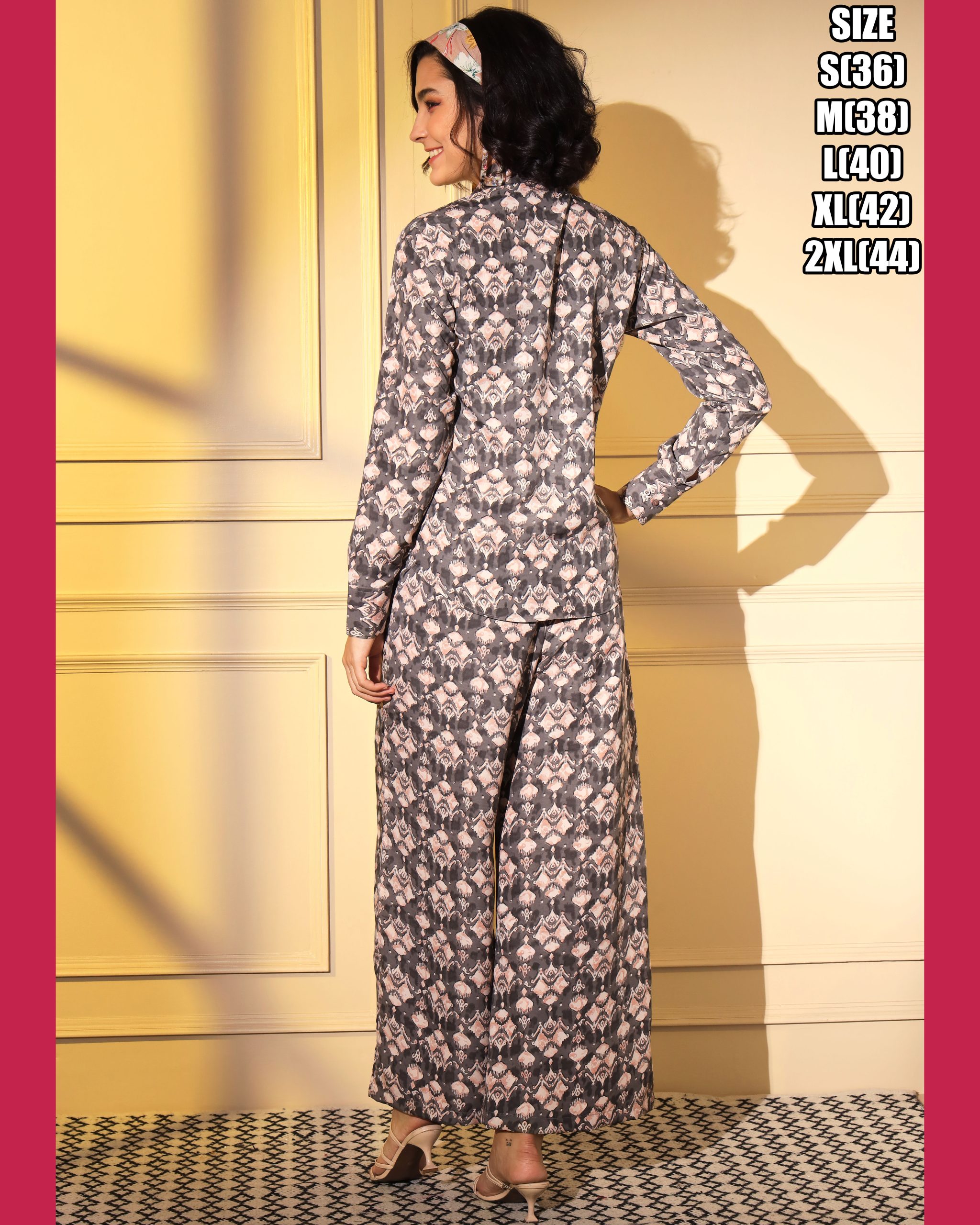 Unleash Your Style With Our Exquisite Platinum Crepe Printed Designer Cord Set Top & Bottom - Full Stitched For Effortless Elegance