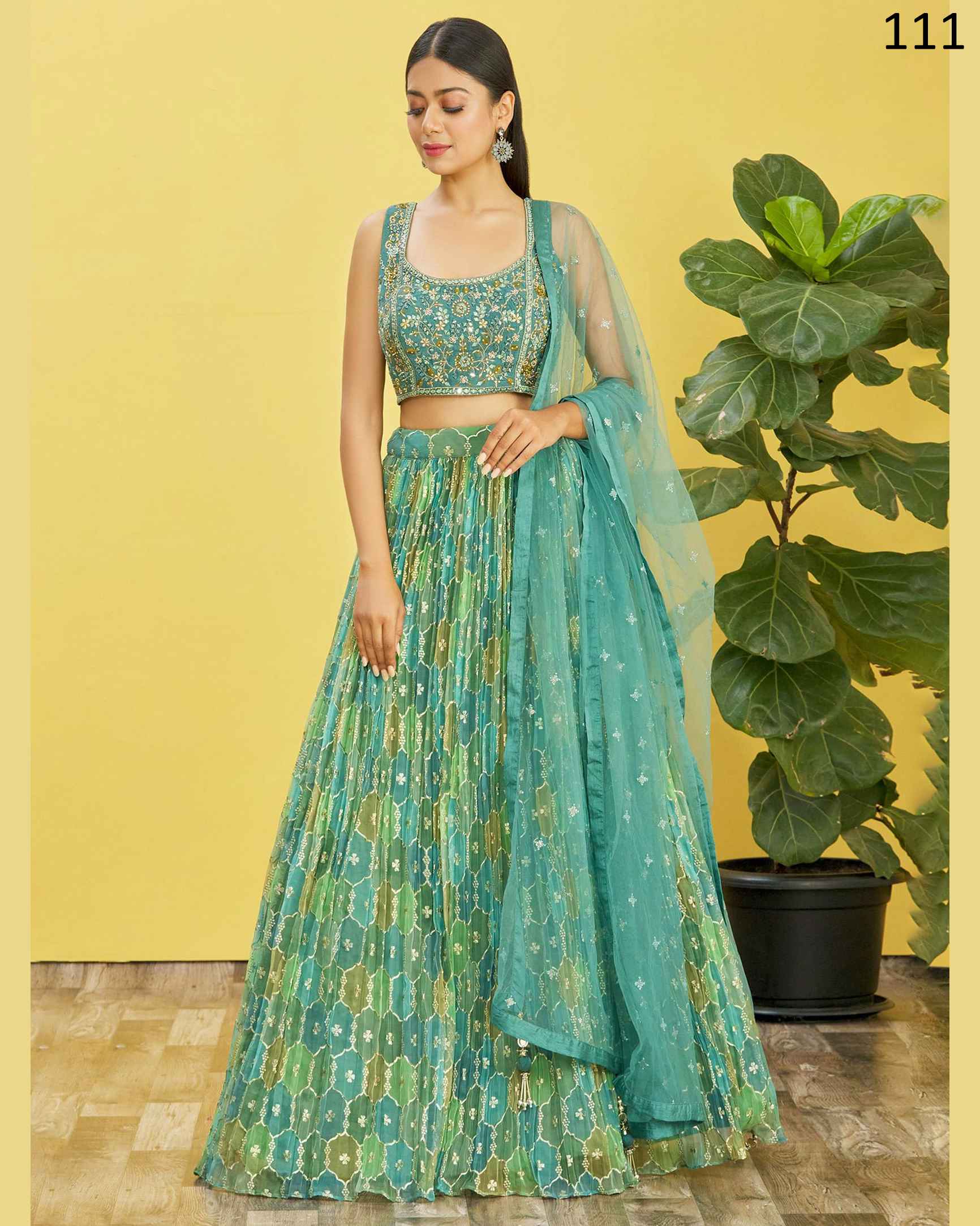 Wome's Organza Thread Work Semi Stitched Designer Crop Top Lehenga Choli