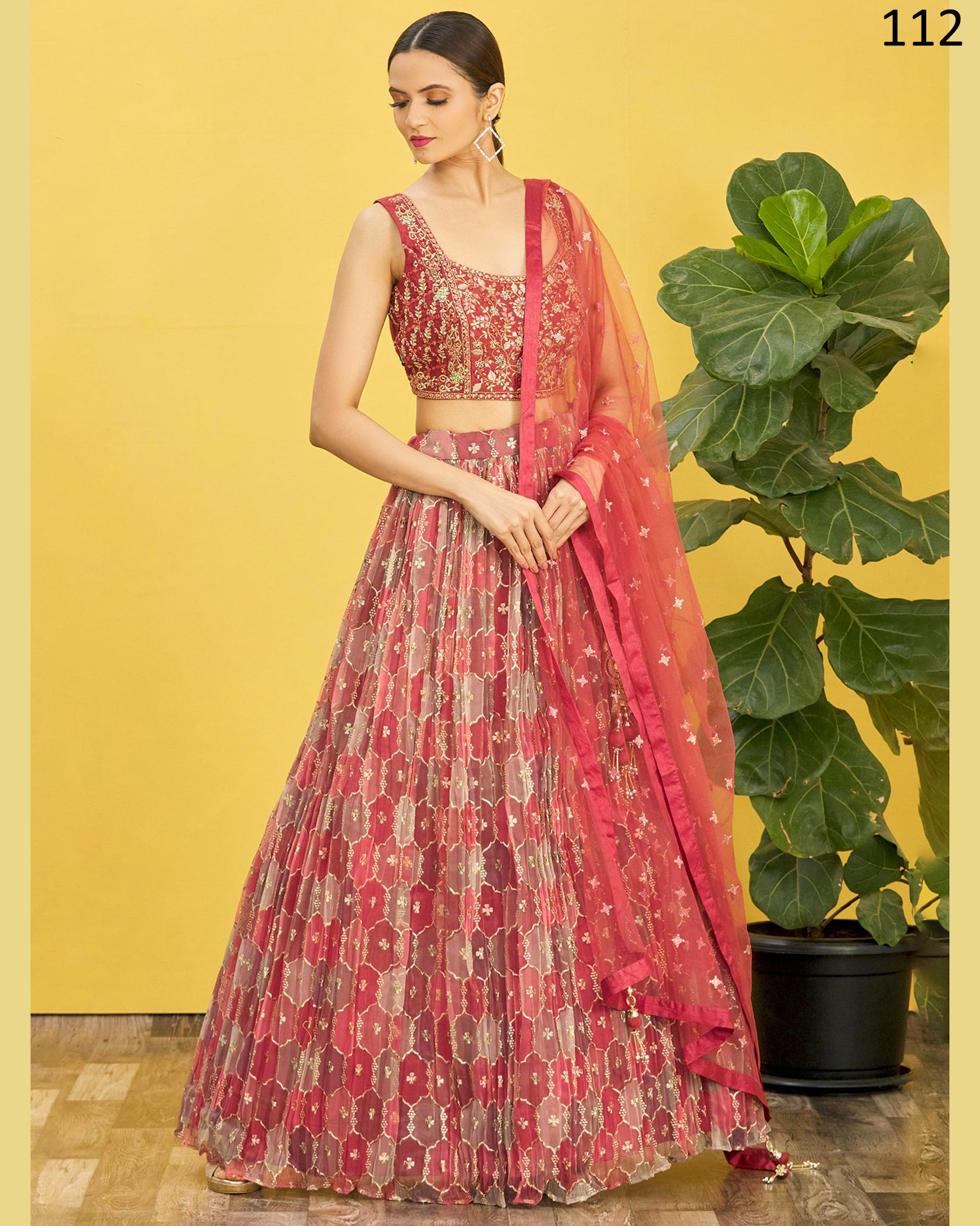 Wome's Organza Thread Work Semi Stitched Designer Crop Top Lehenga Choli