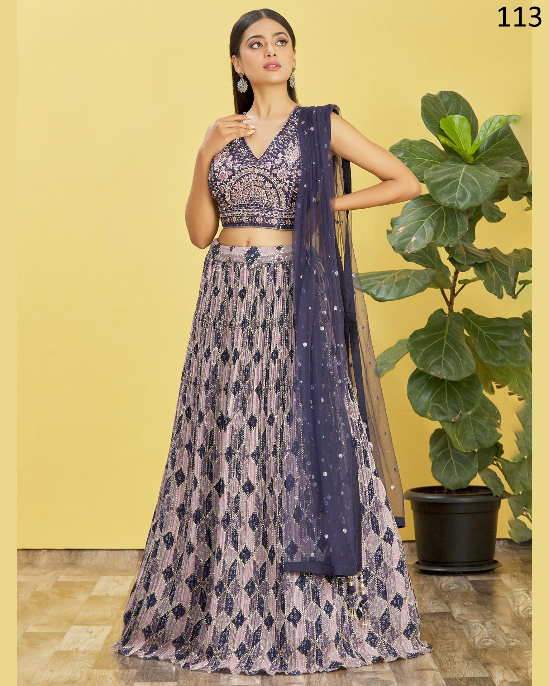Wome's Organza Thread Work Semi Stitched Designer Crop Top Lehenga Choli