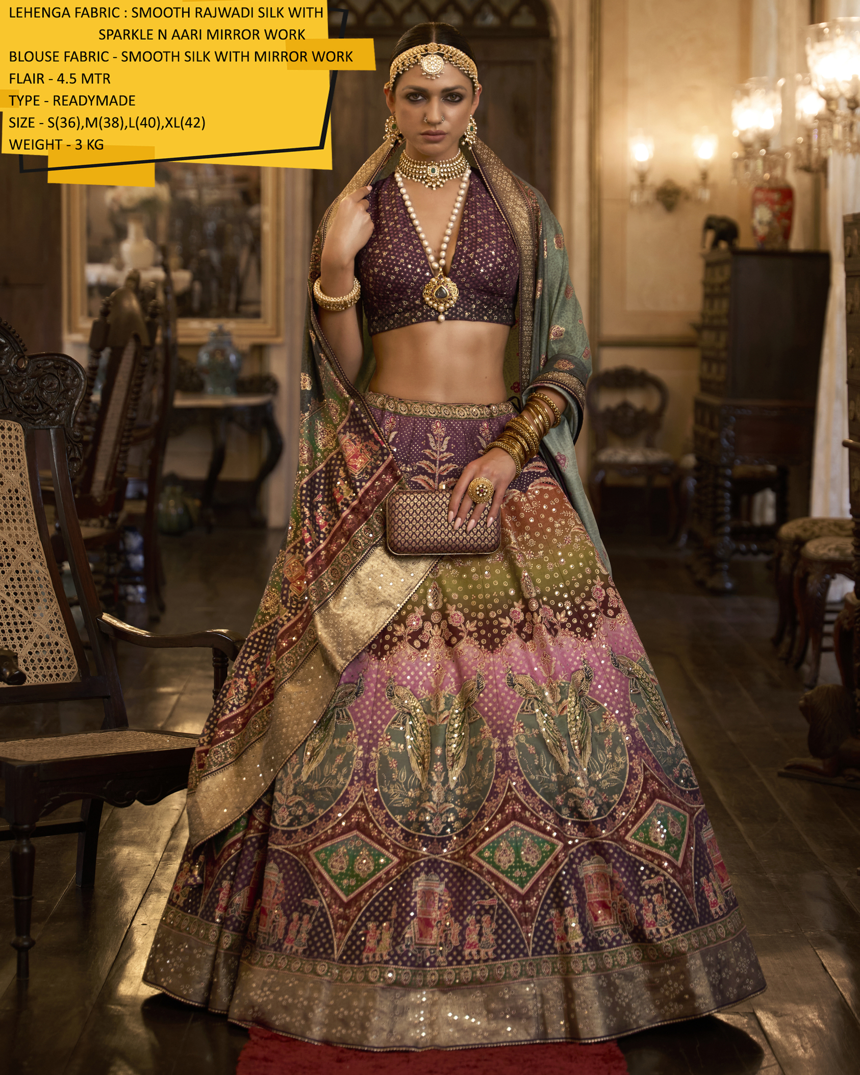 Introducing Our Stitched Lehenga In Smooth Rajwadi Silk With Weaving & Embroidery Work. Embrace Elegance And Make A Statement