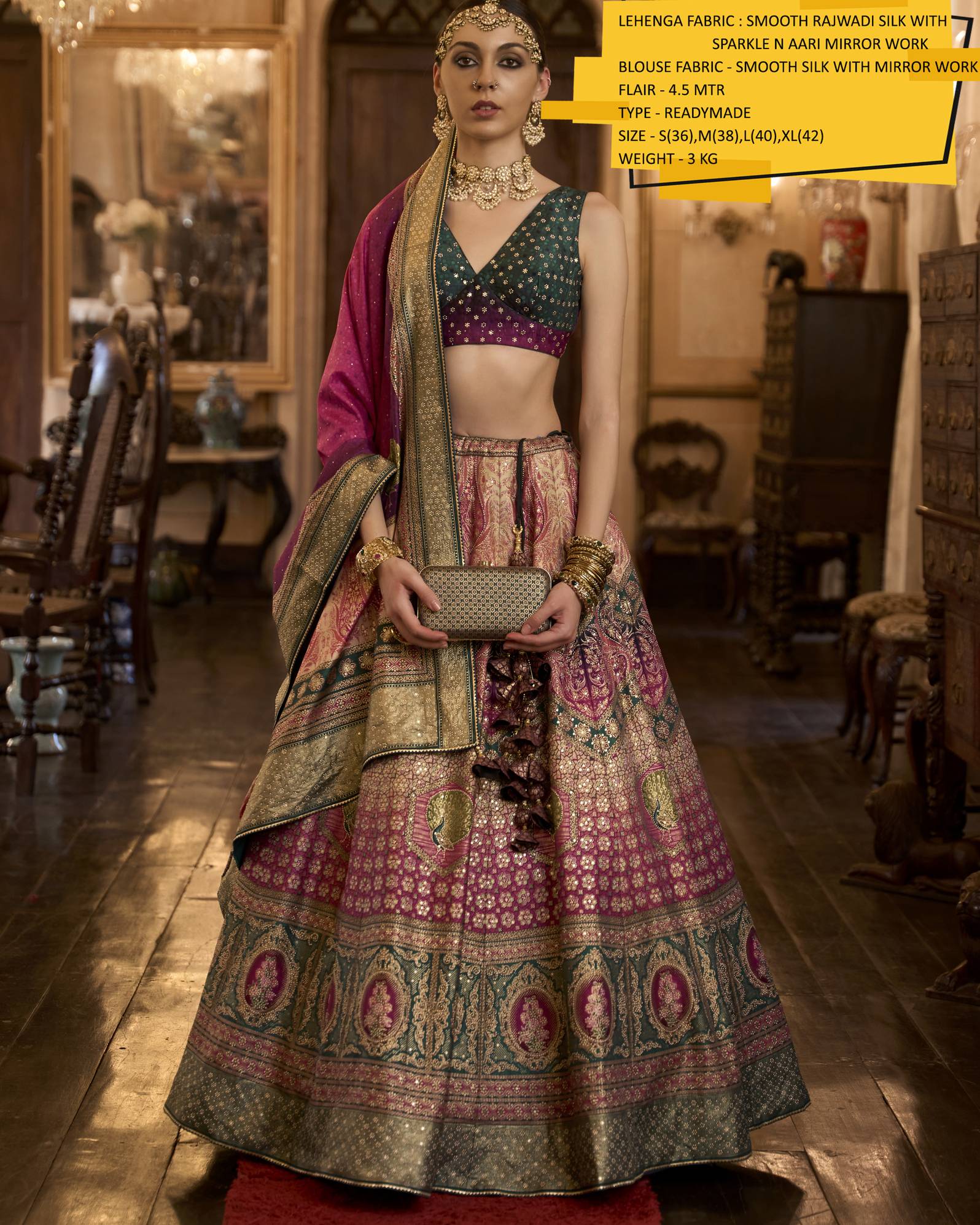 Introducing Our Stitched Lehenga In Smooth Rajwadi Silk With Weaving & Embroidery Work. Embrace Elegance And Make A Statement
