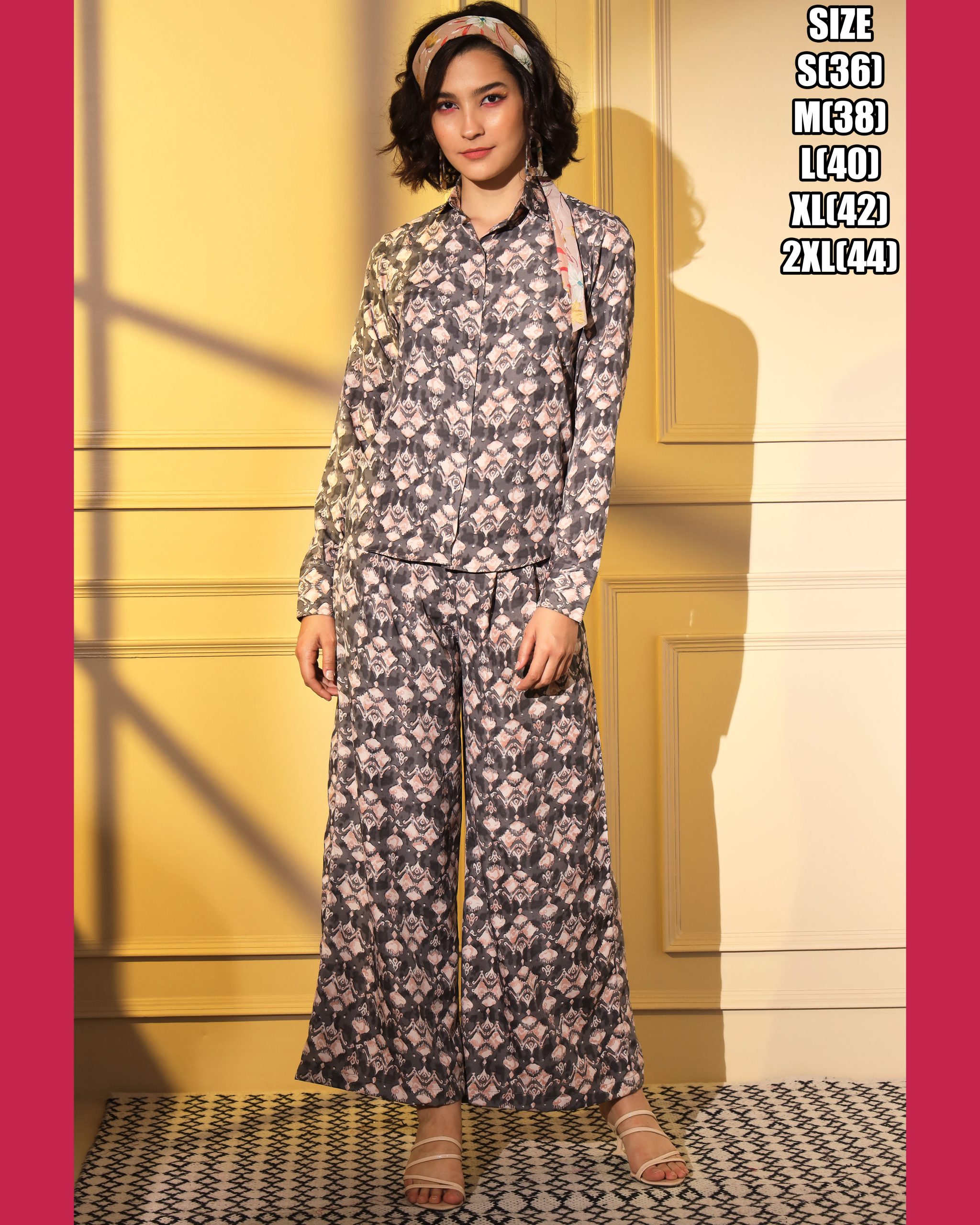 Unleash Your Style With Our Exquisite Platinum Crepe Printed Designer Cord Set Top & Bottom - Full Stitched For Effortless Elegance