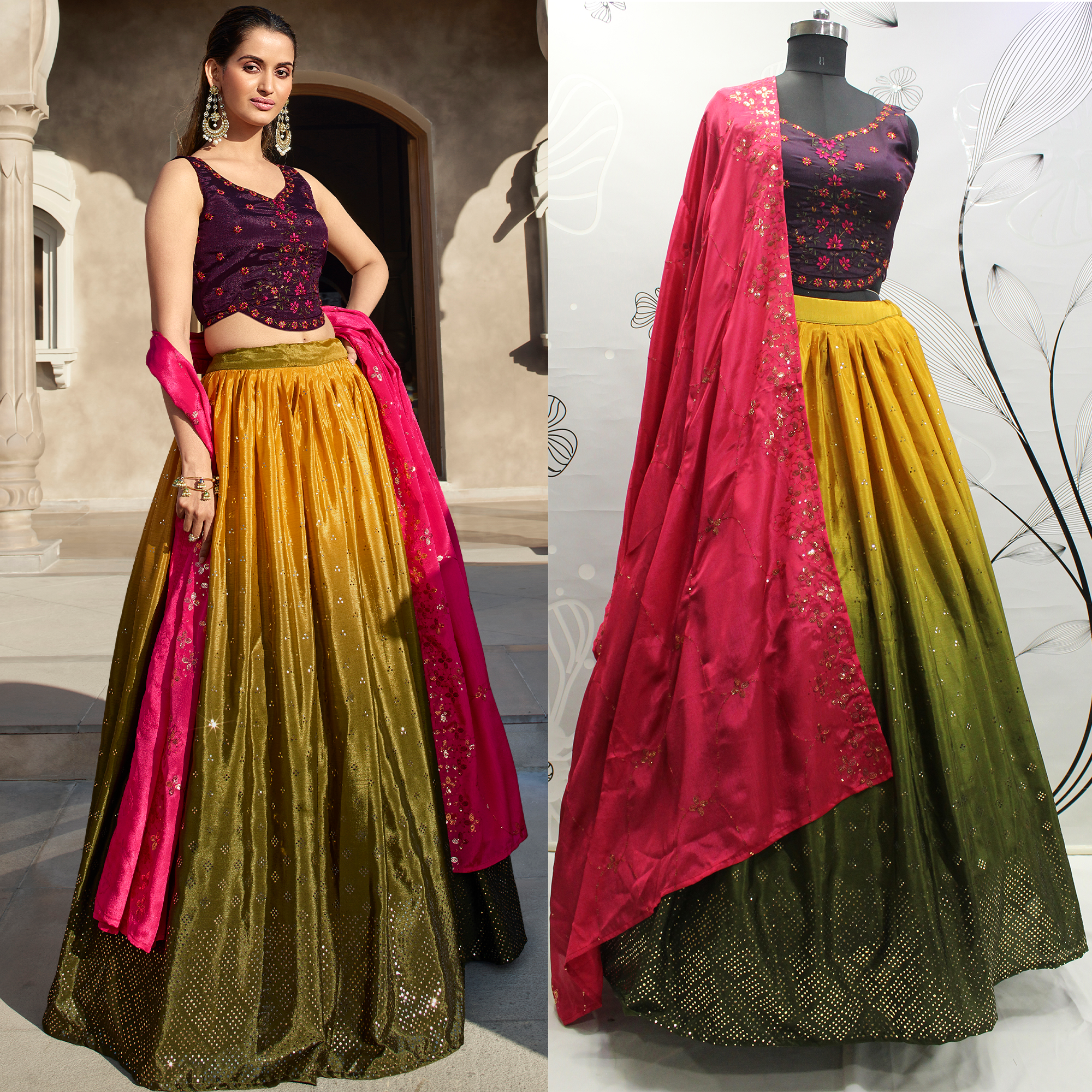 Floral Printe With Sequins Embroidered With Mirror Work Georgette Festive & Party Wear Semi Stitched Lehenga